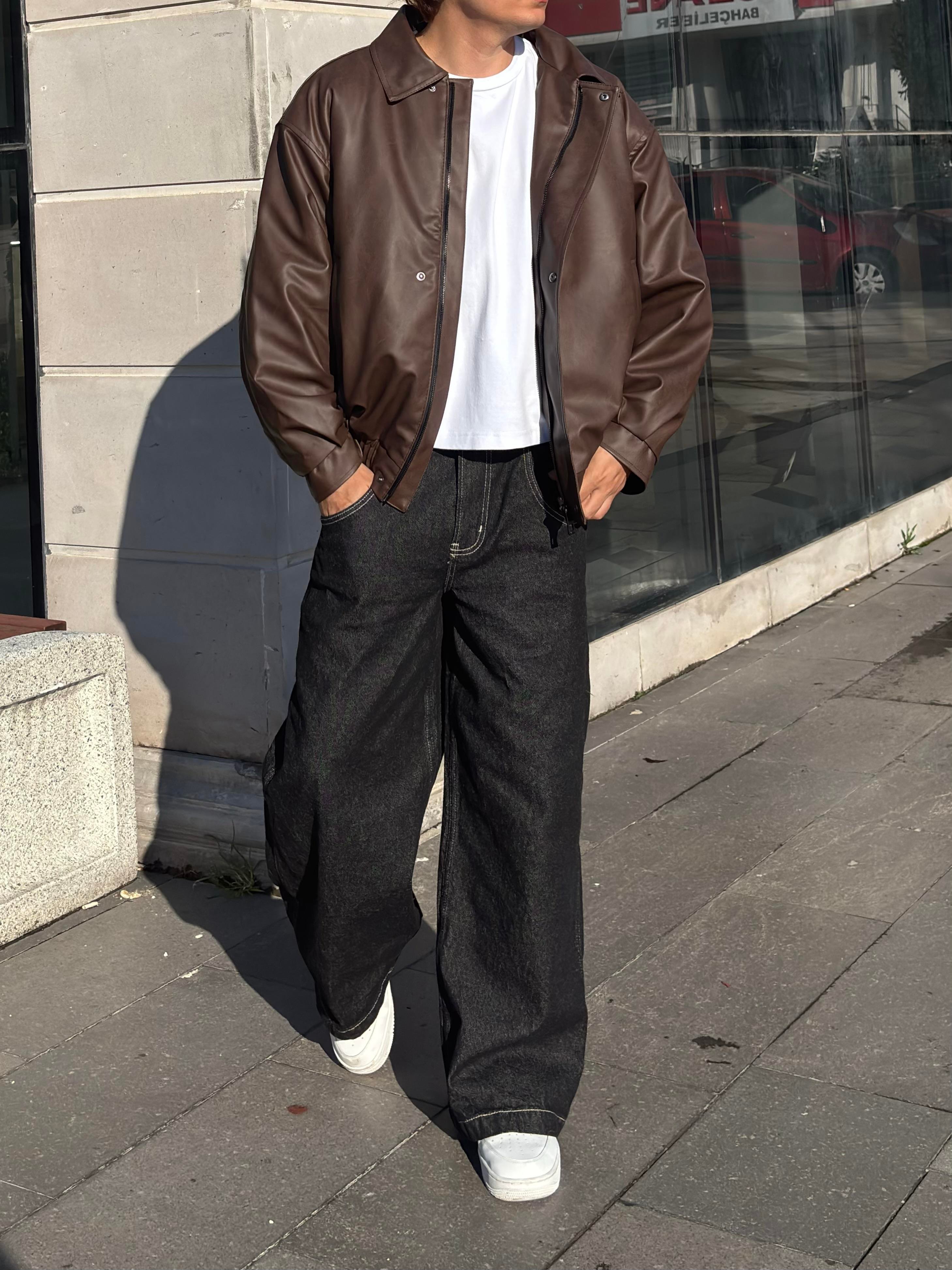 Premium Dark Brown Bomber Full-Zip Deri Ceket