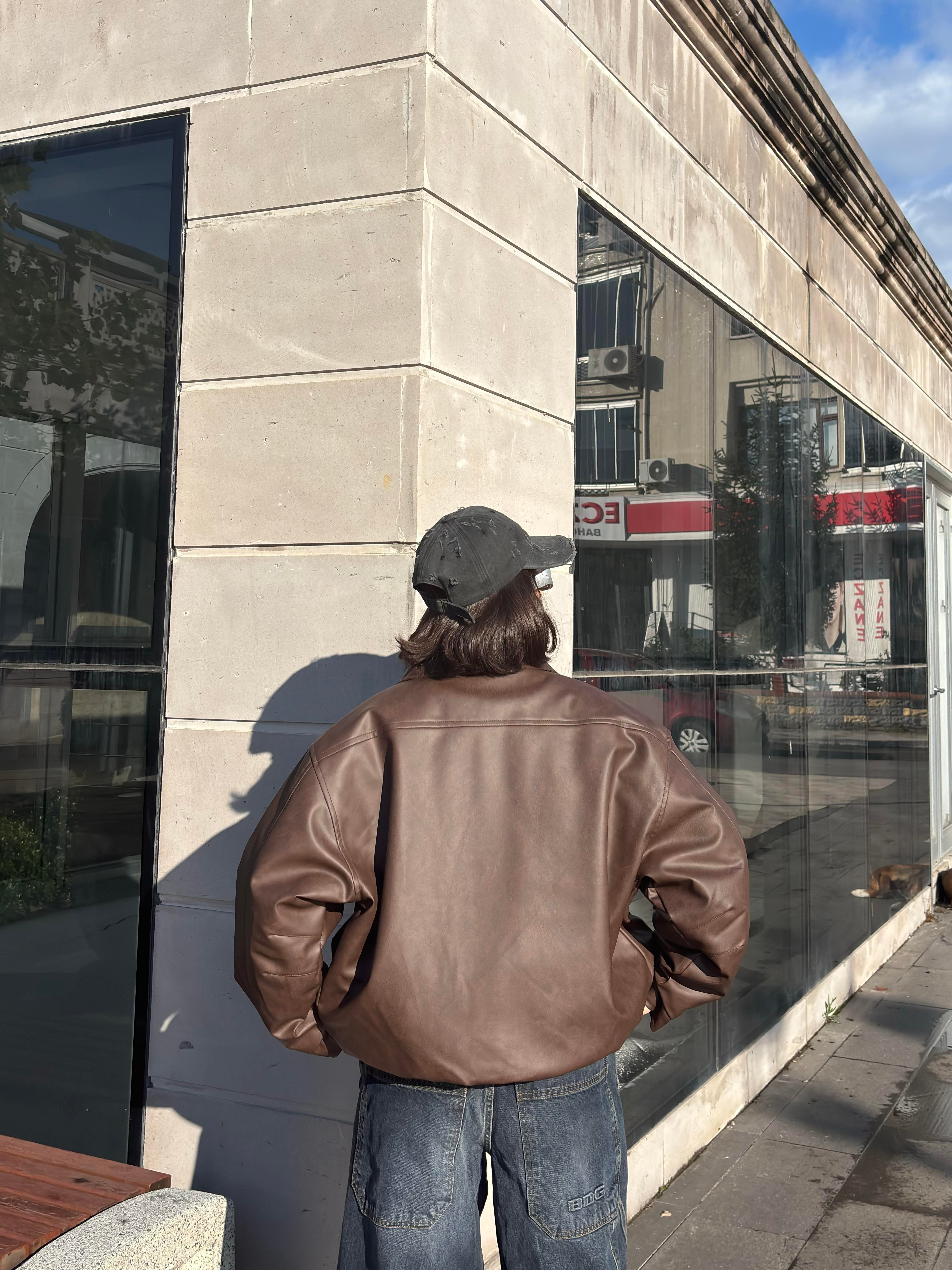 Premium Dark Brown Bomber Full-Zip Deri Ceket