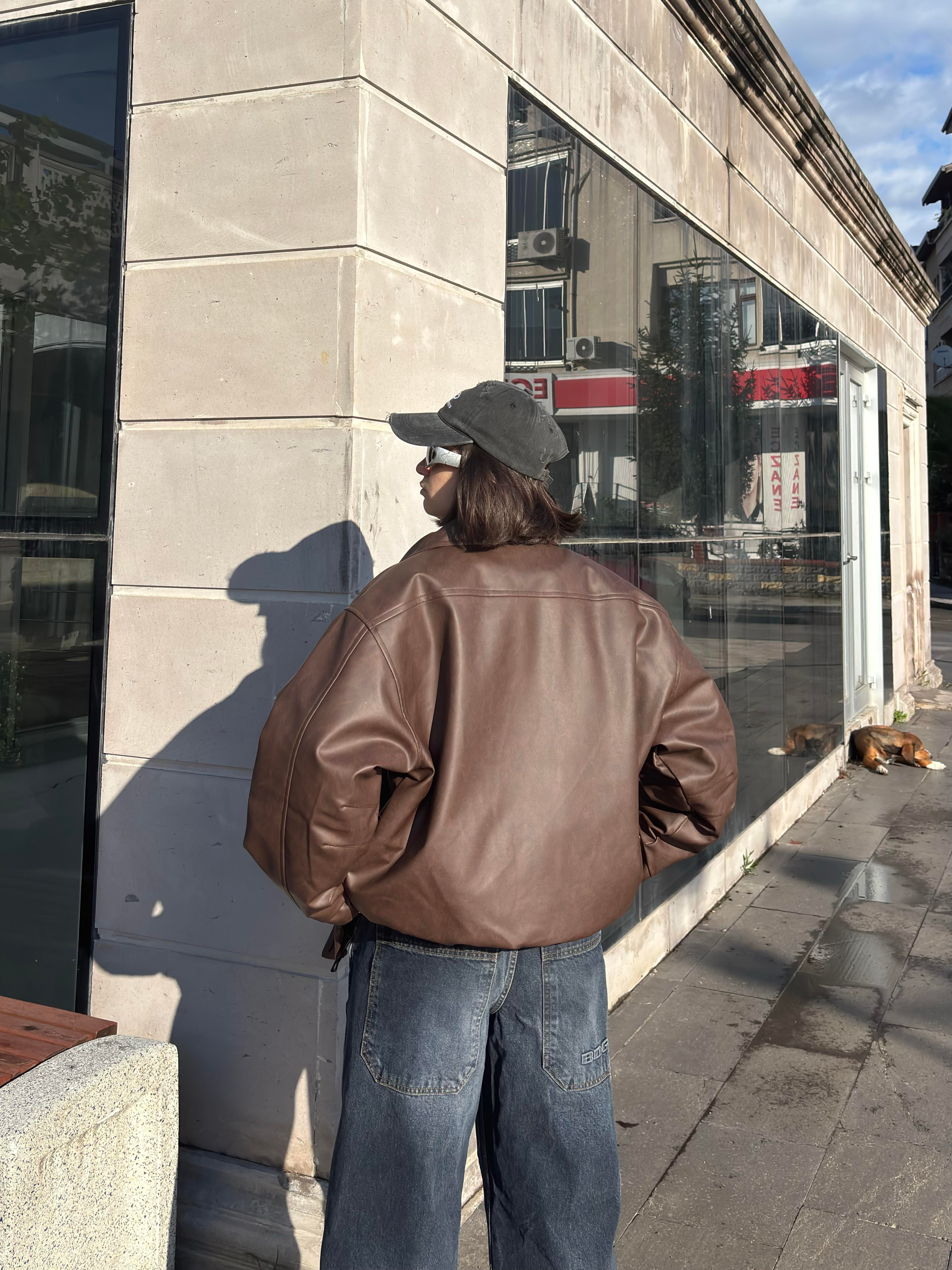 Premium Dark Brown Bomber Full-Zip Deri Ceket