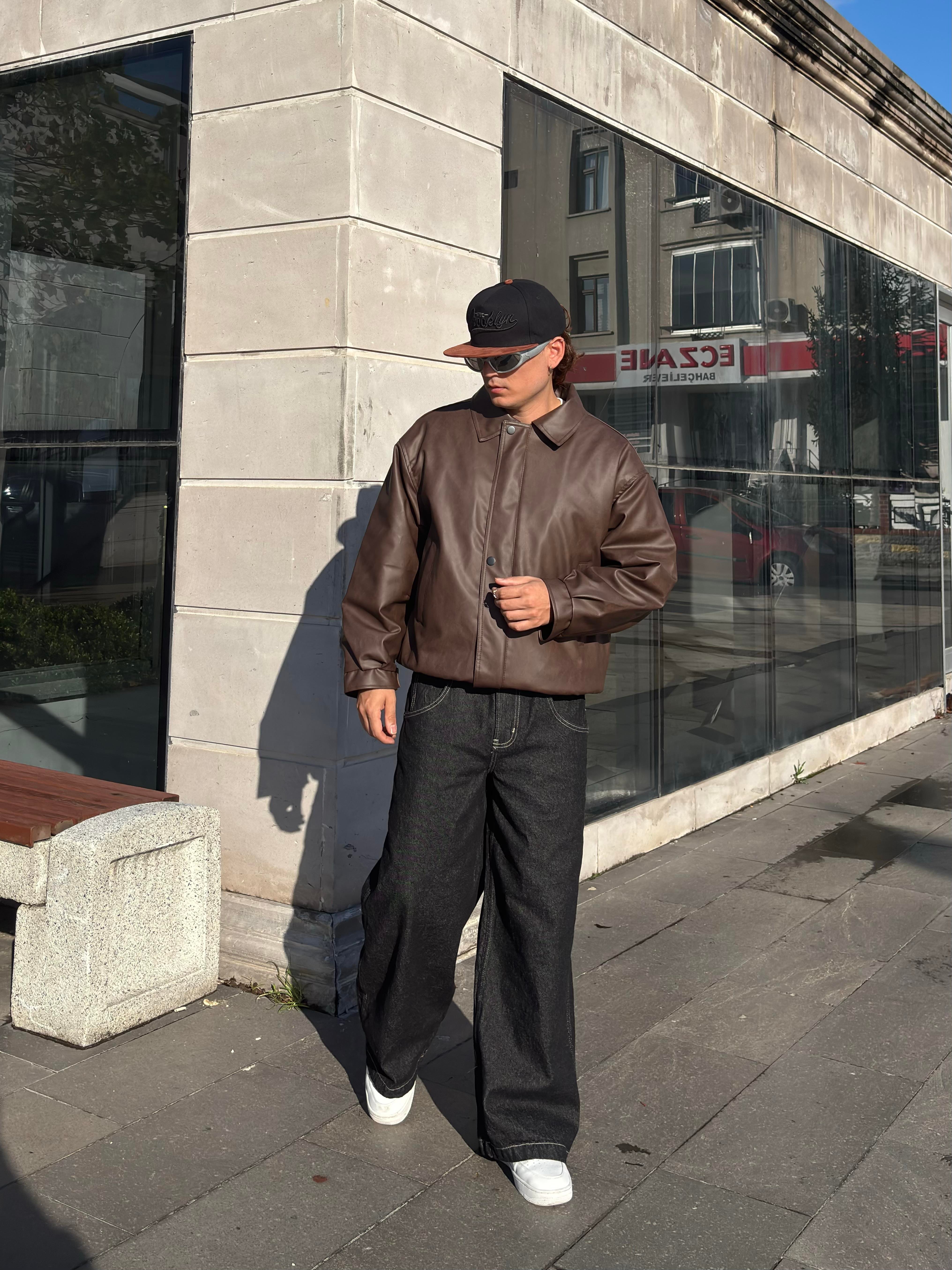 Premium Dark Brown Bomber Full-Zip Deri Ceket