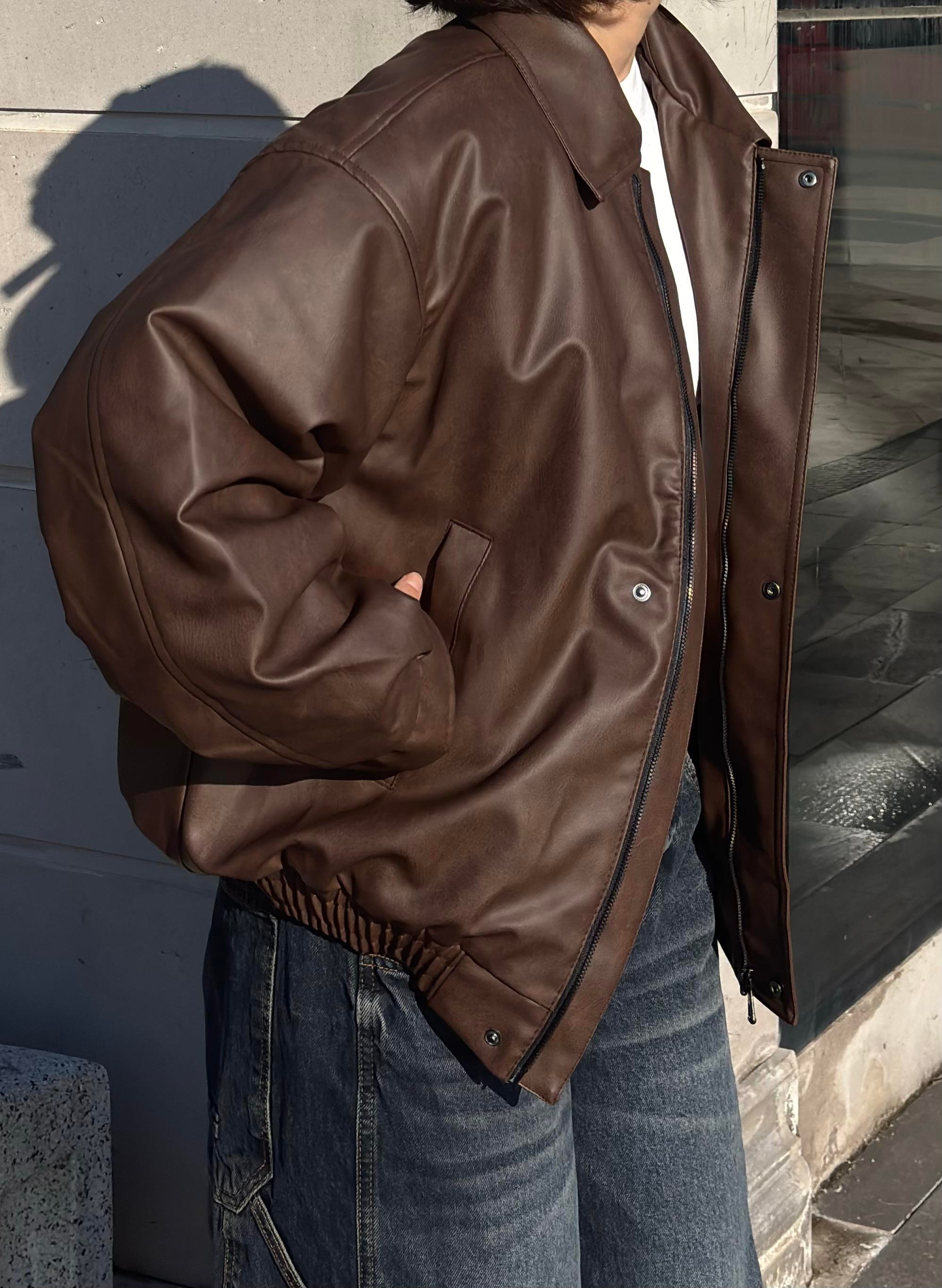 Premium Dark Brown Bomber Full-Zip Deri Ceket