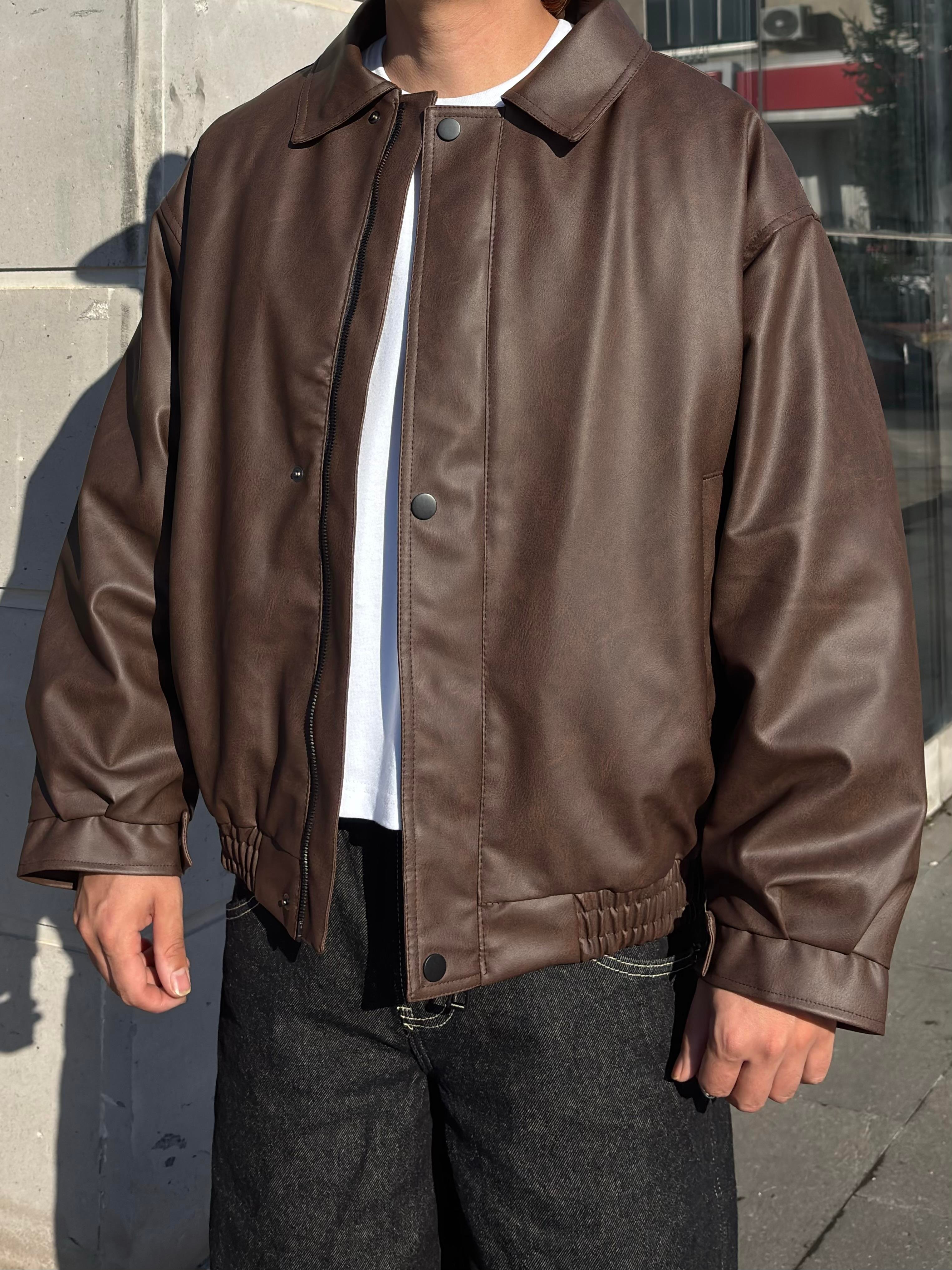 Premium Dark Brown Bomber Full-Zip Deri Ceket