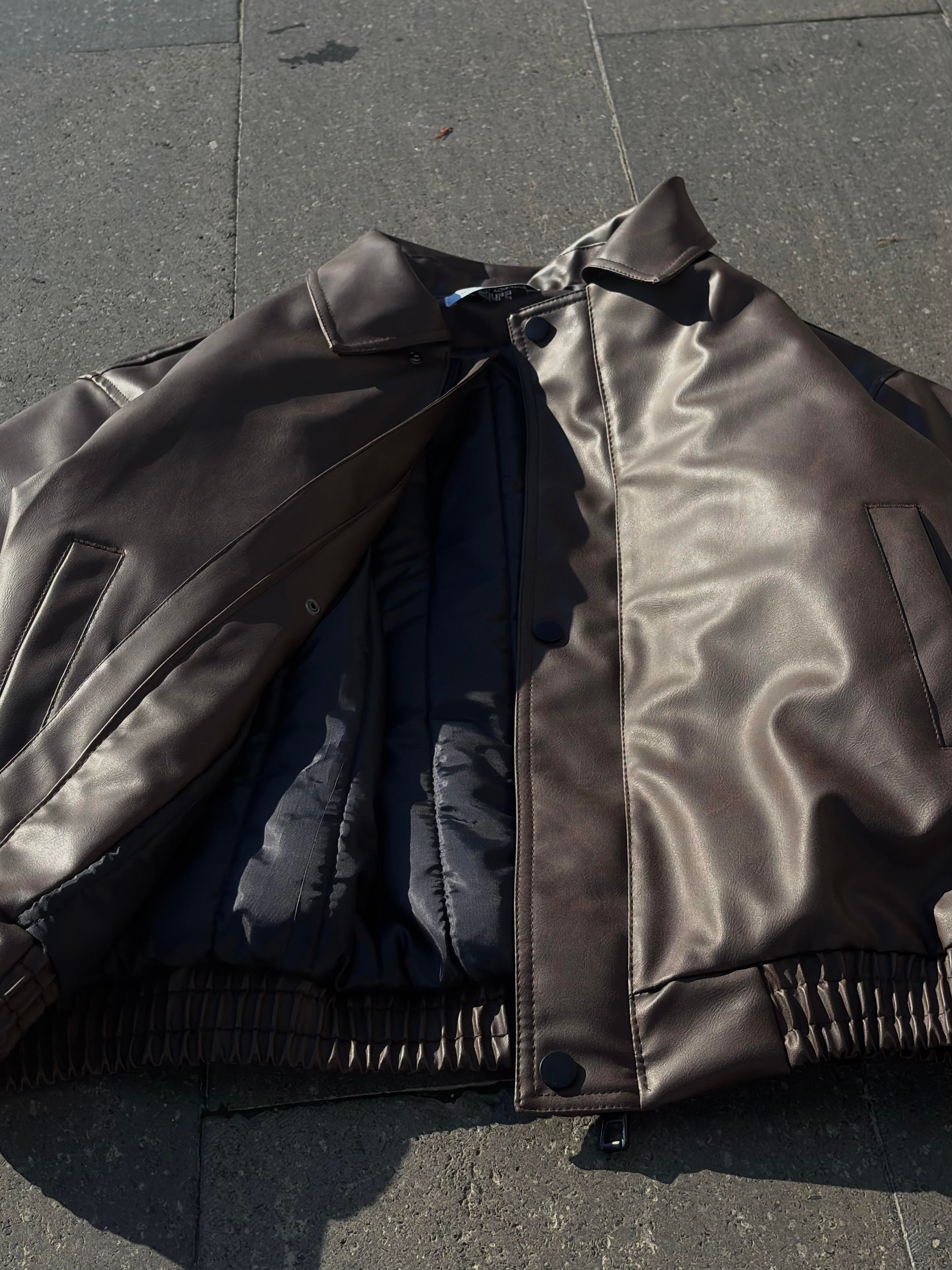 Premium Dark Brown Bomber Full-Zip Deri Ceket