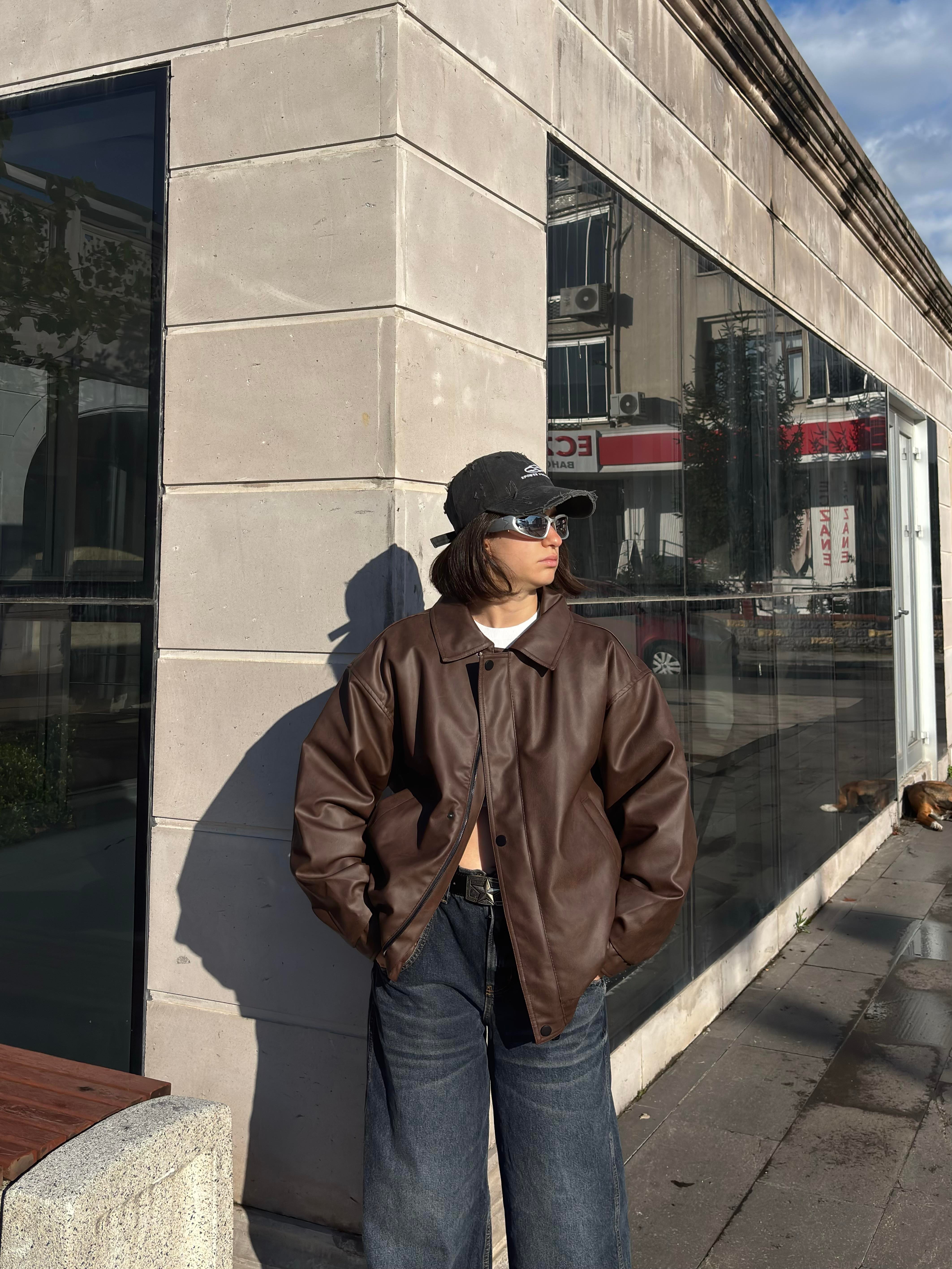 Premium Dark Brown Bomber Full-Zip Deri Ceket