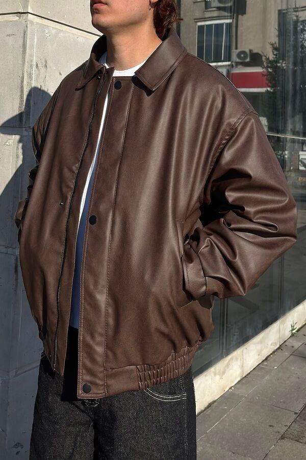 Premium Dark Brown Bomber Full-Zip Deri Ceket