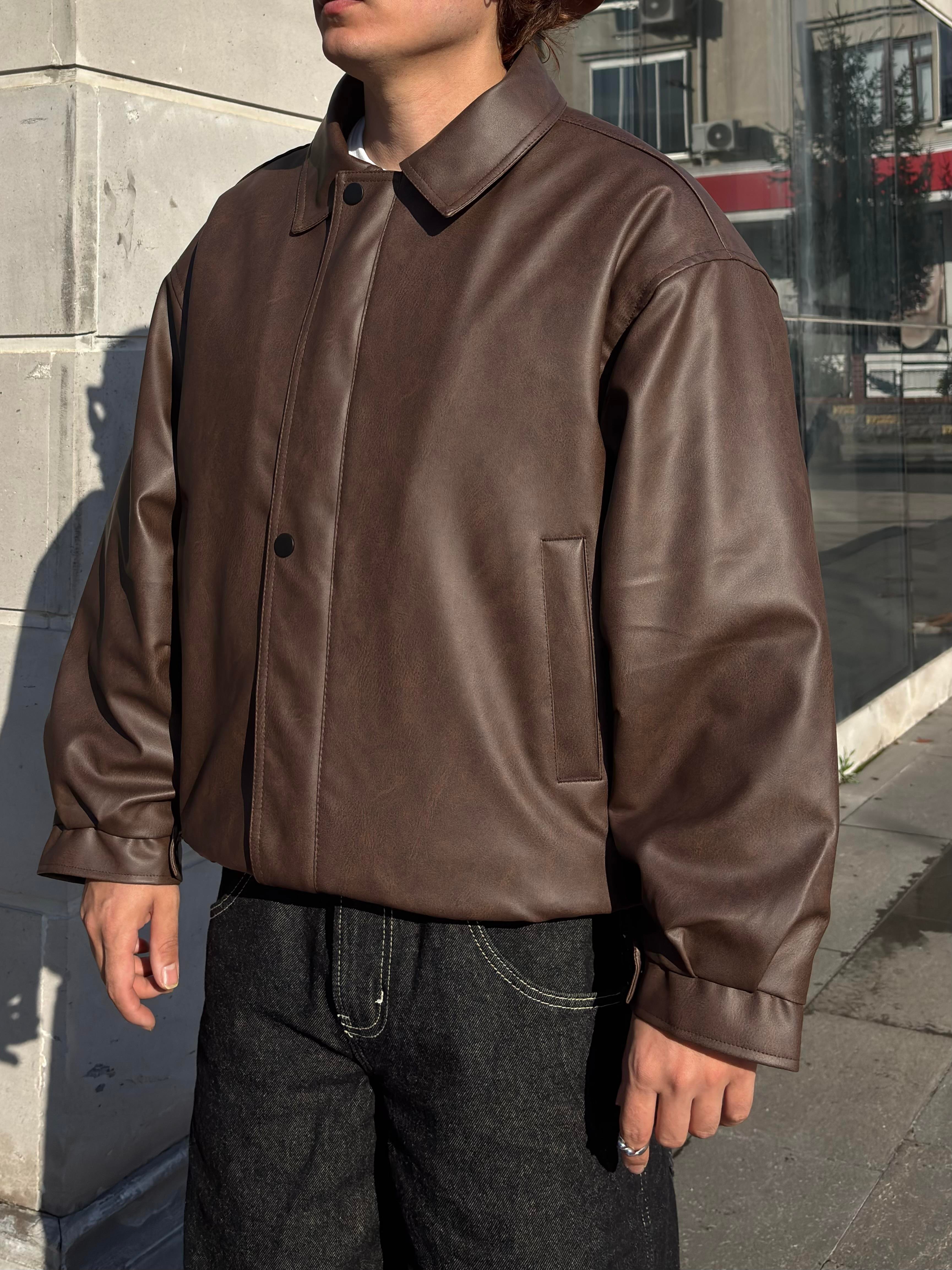Premium Dark Brown Bomber Full-Zip Deri Ceket