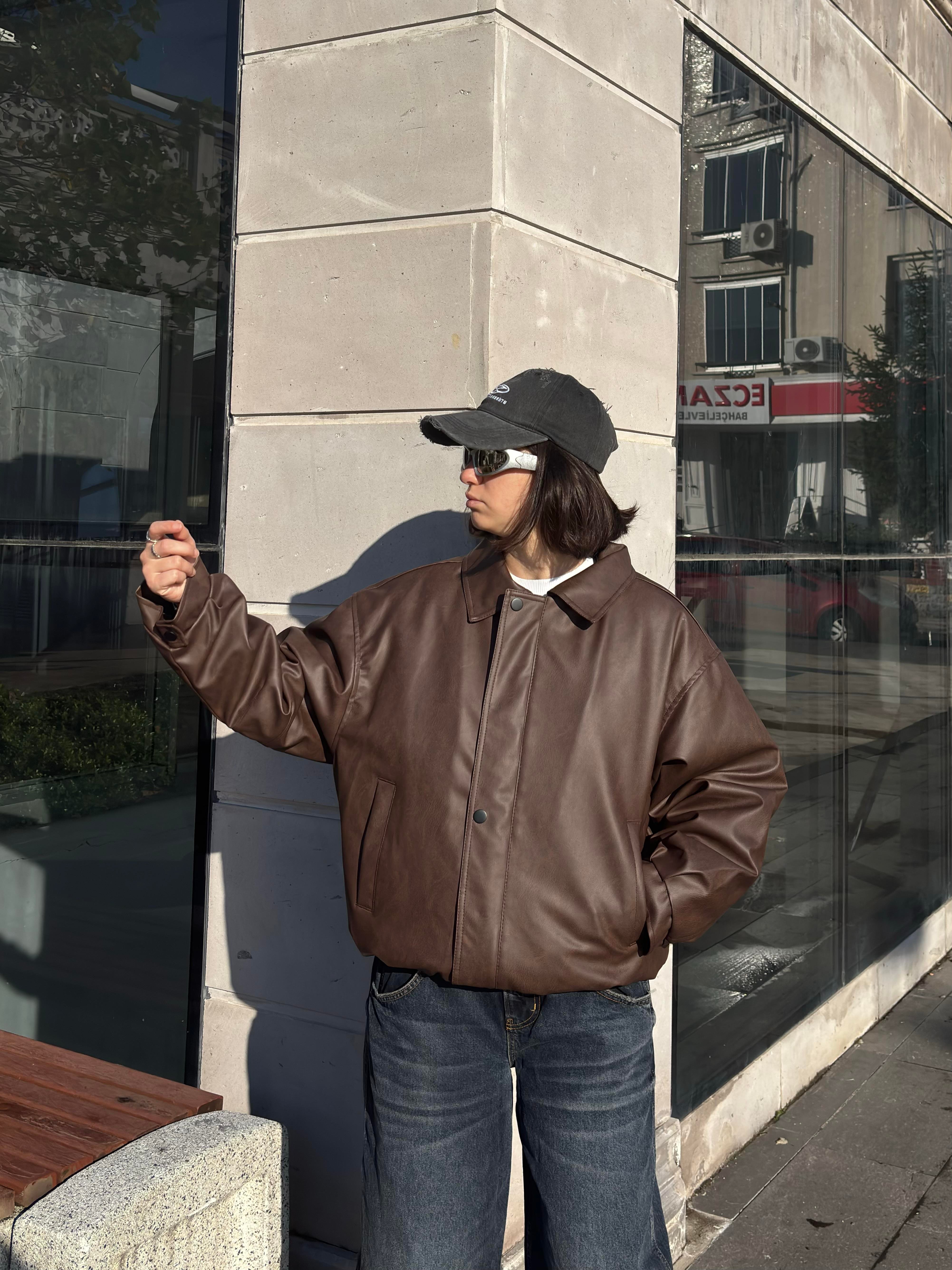 Premium Dark Brown Bomber Full-Zip Deri Ceket