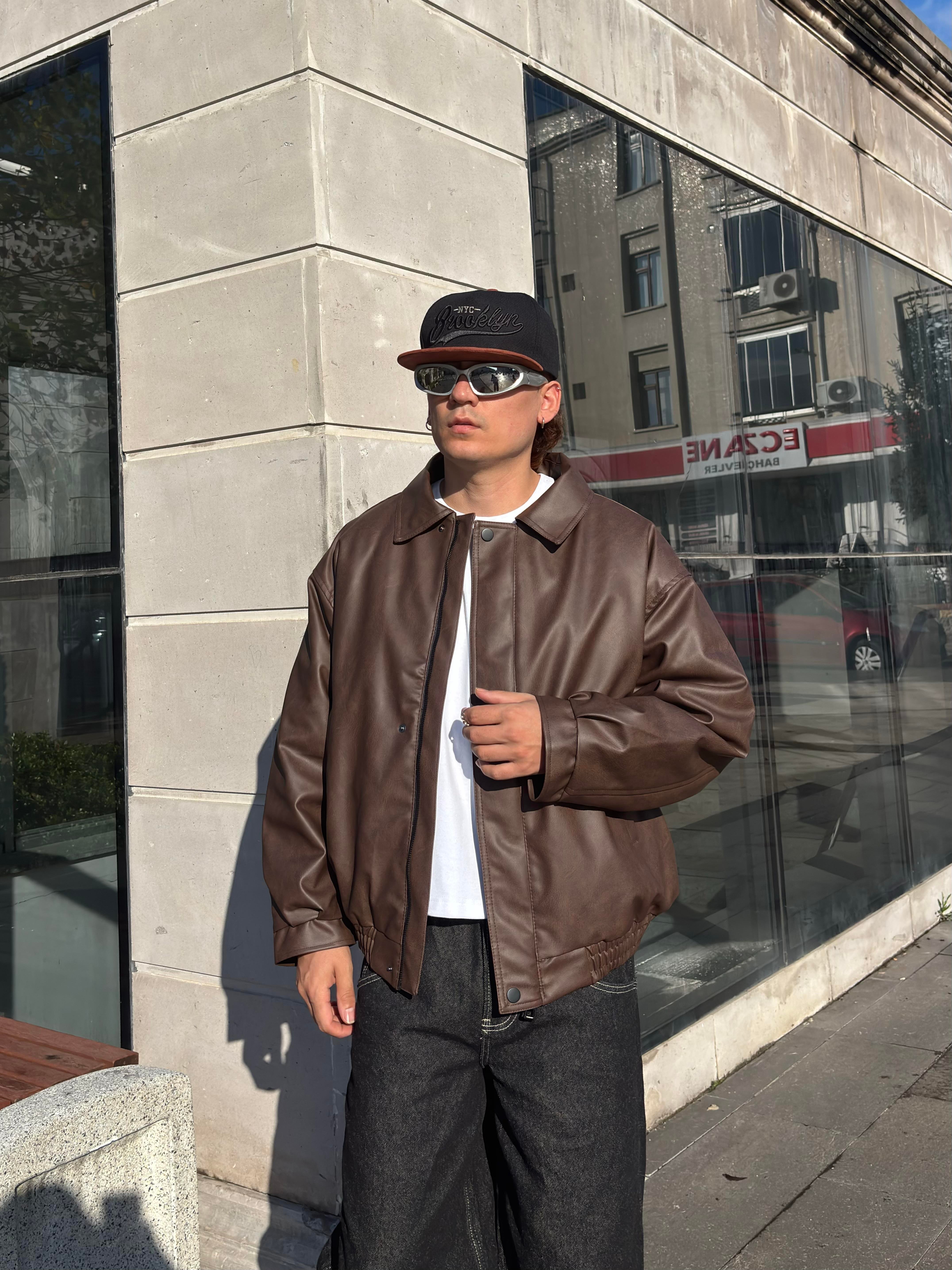 Premium Dark Brown Bomber Full-Zip Deri Ceket