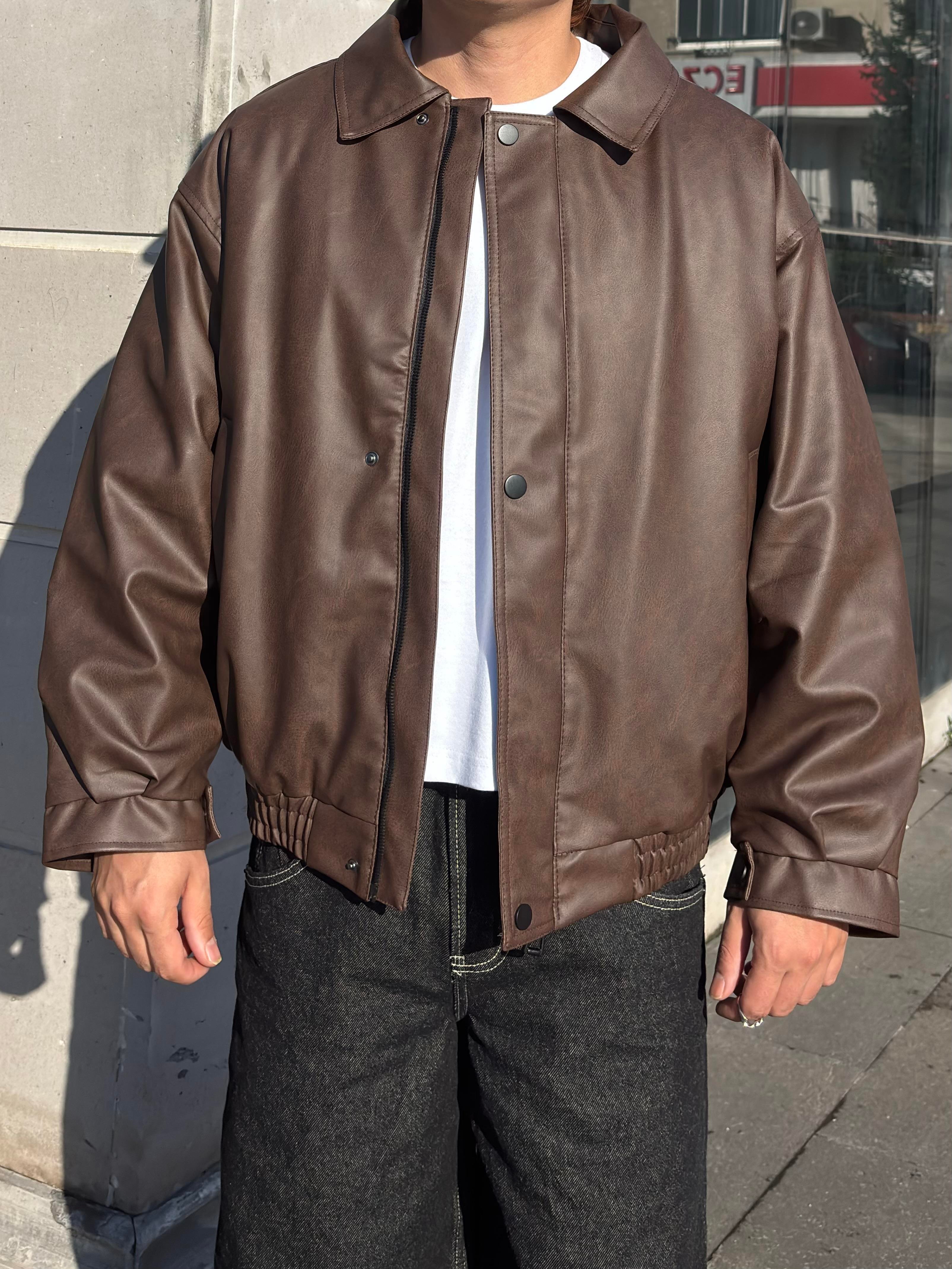Premium Dark Brown Bomber Full-Zip Deri Ceket
