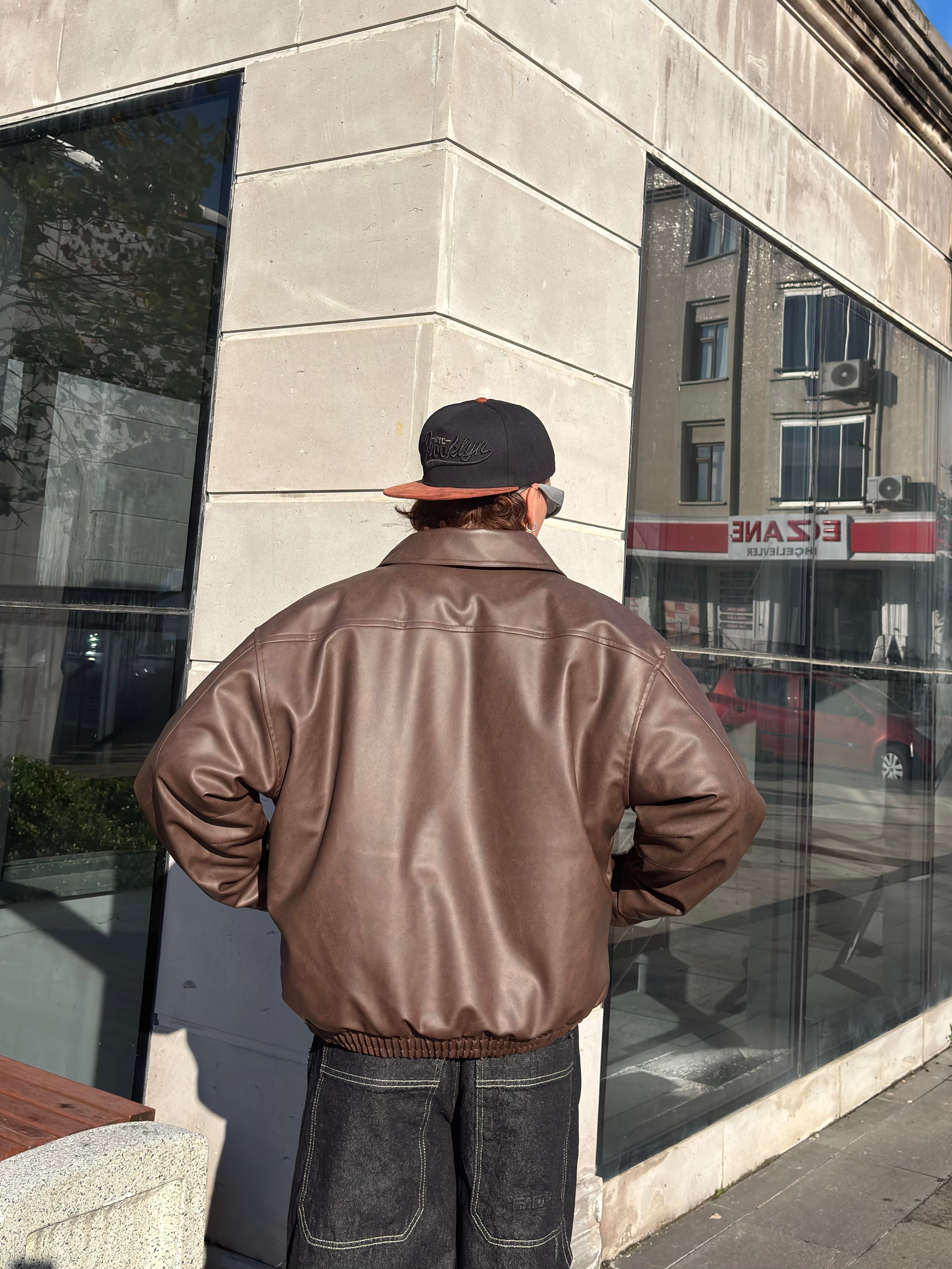Premium Dark Brown Bomber Full-Zip Deri Ceket