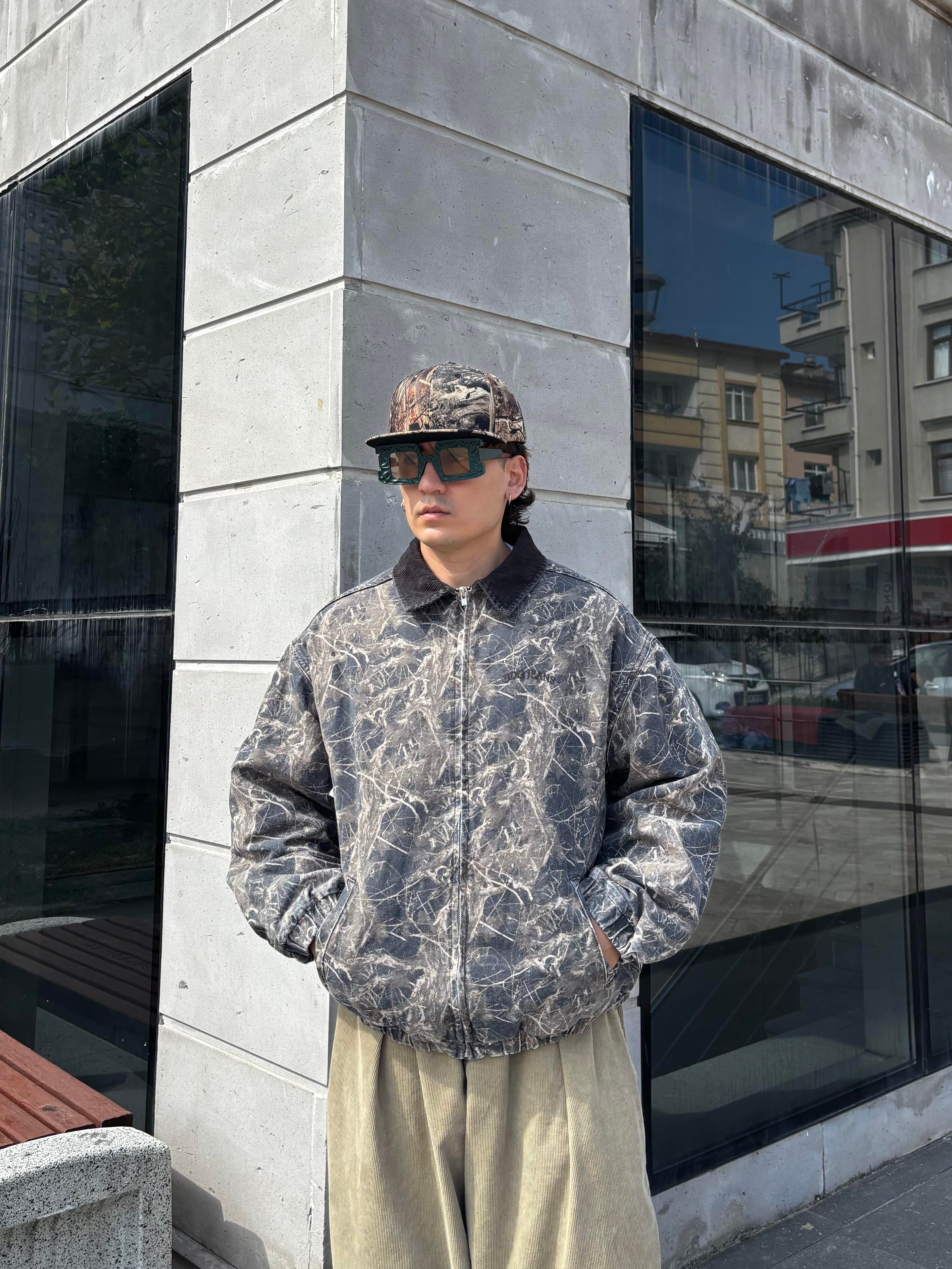 Premium Dark Leaf Print Harringtpn Bomber Jacket