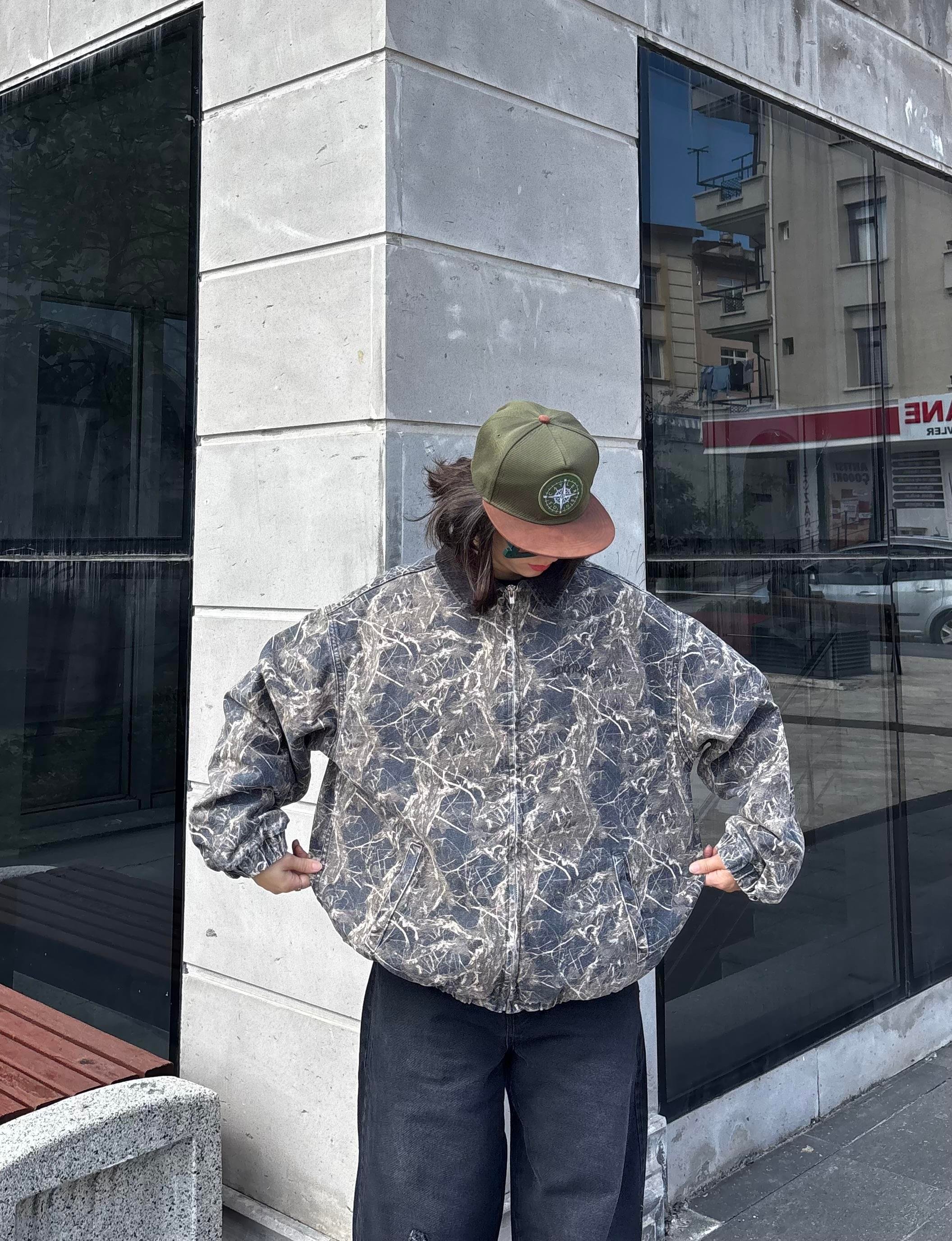 Premium Dark Leaf Print Harringtpn Bomber Jacket