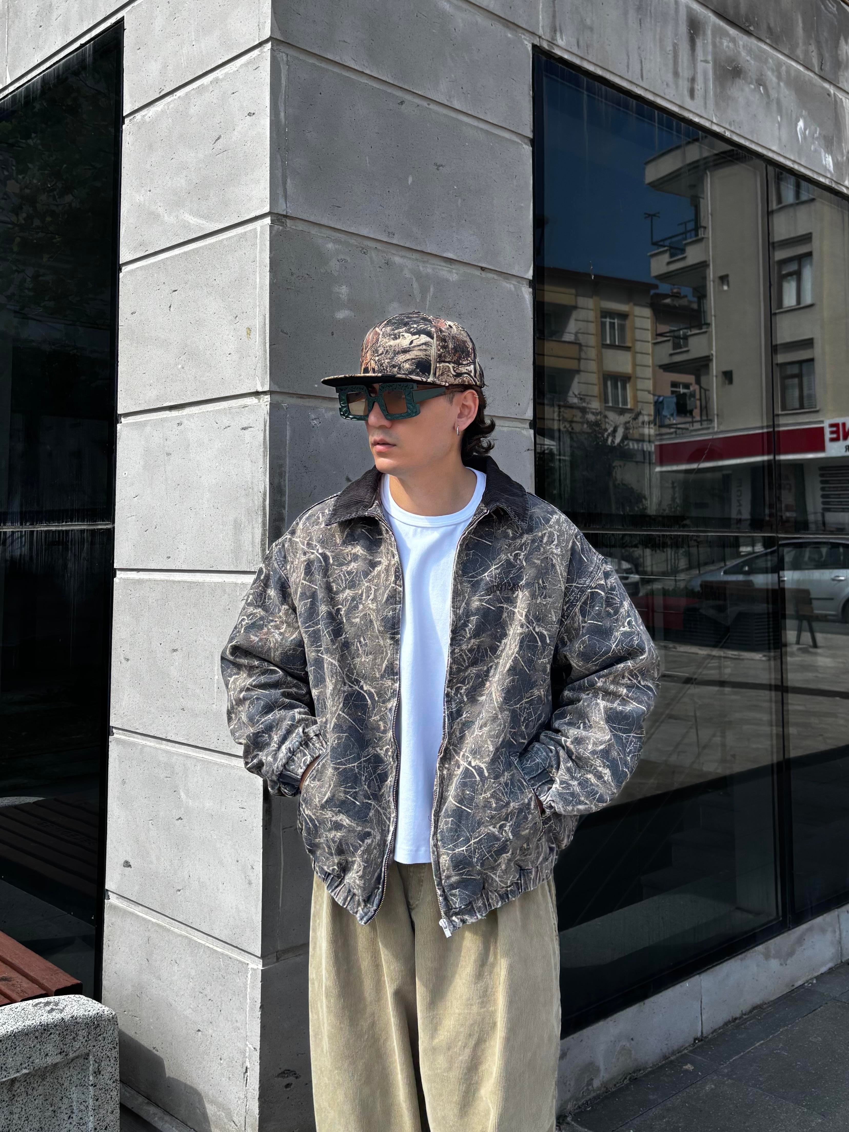 Premium Dark Leaf Print Harringtpn Bomber Jacket