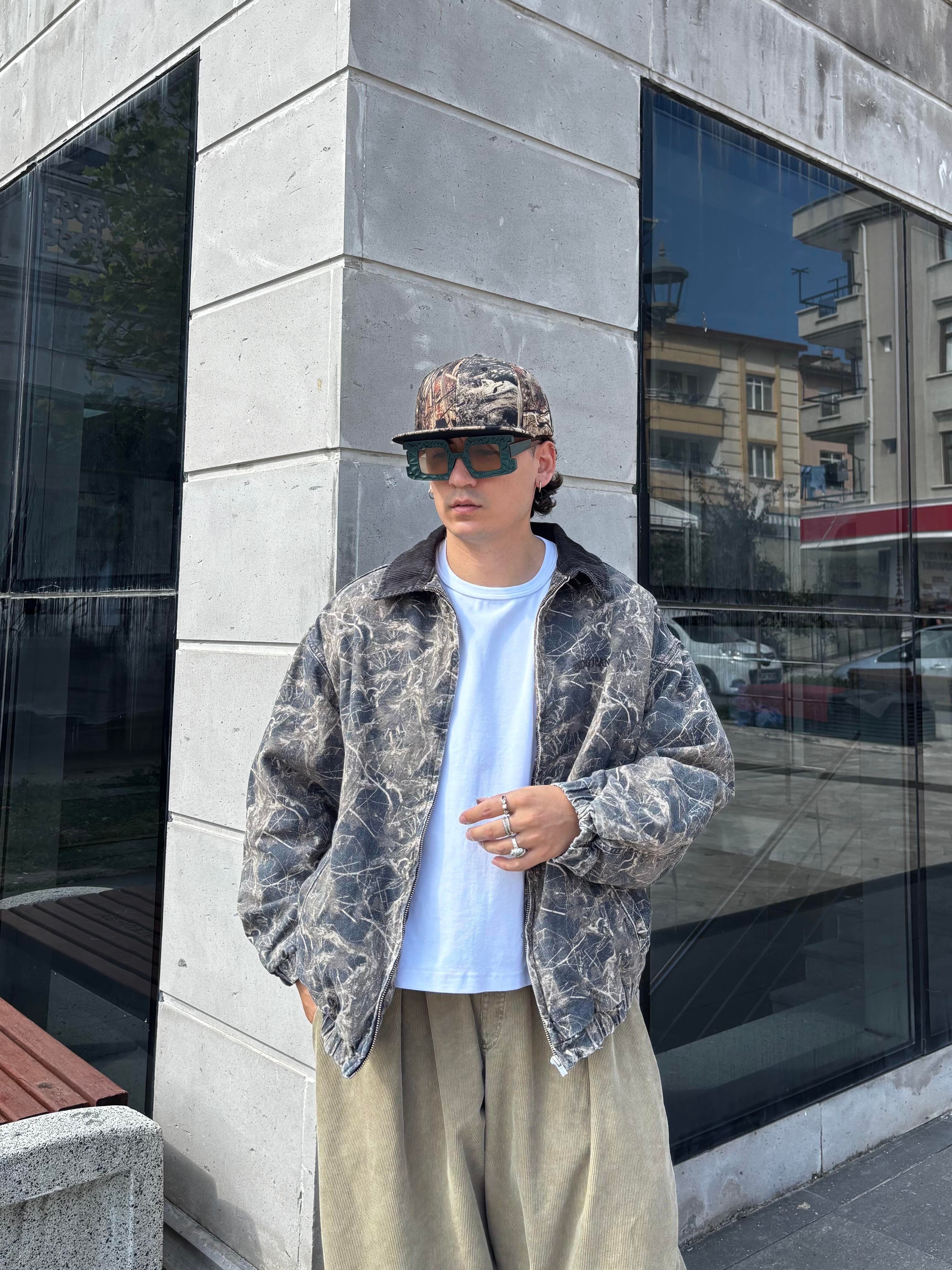 Premium Dark Leaf Print Harringtpn Bomber Jacket