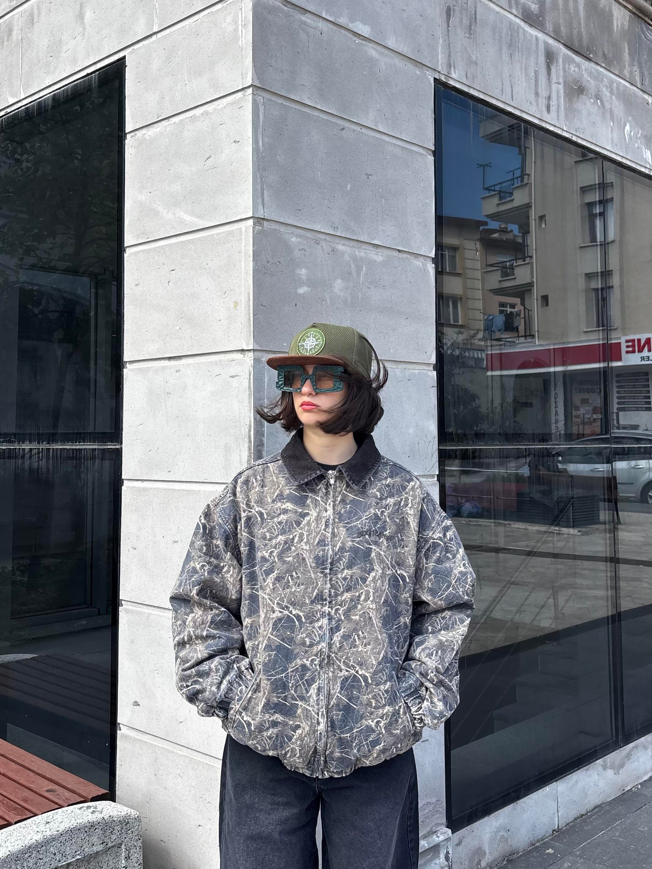 Premium Dark Leaf Print Harringtpn Bomber Jacket