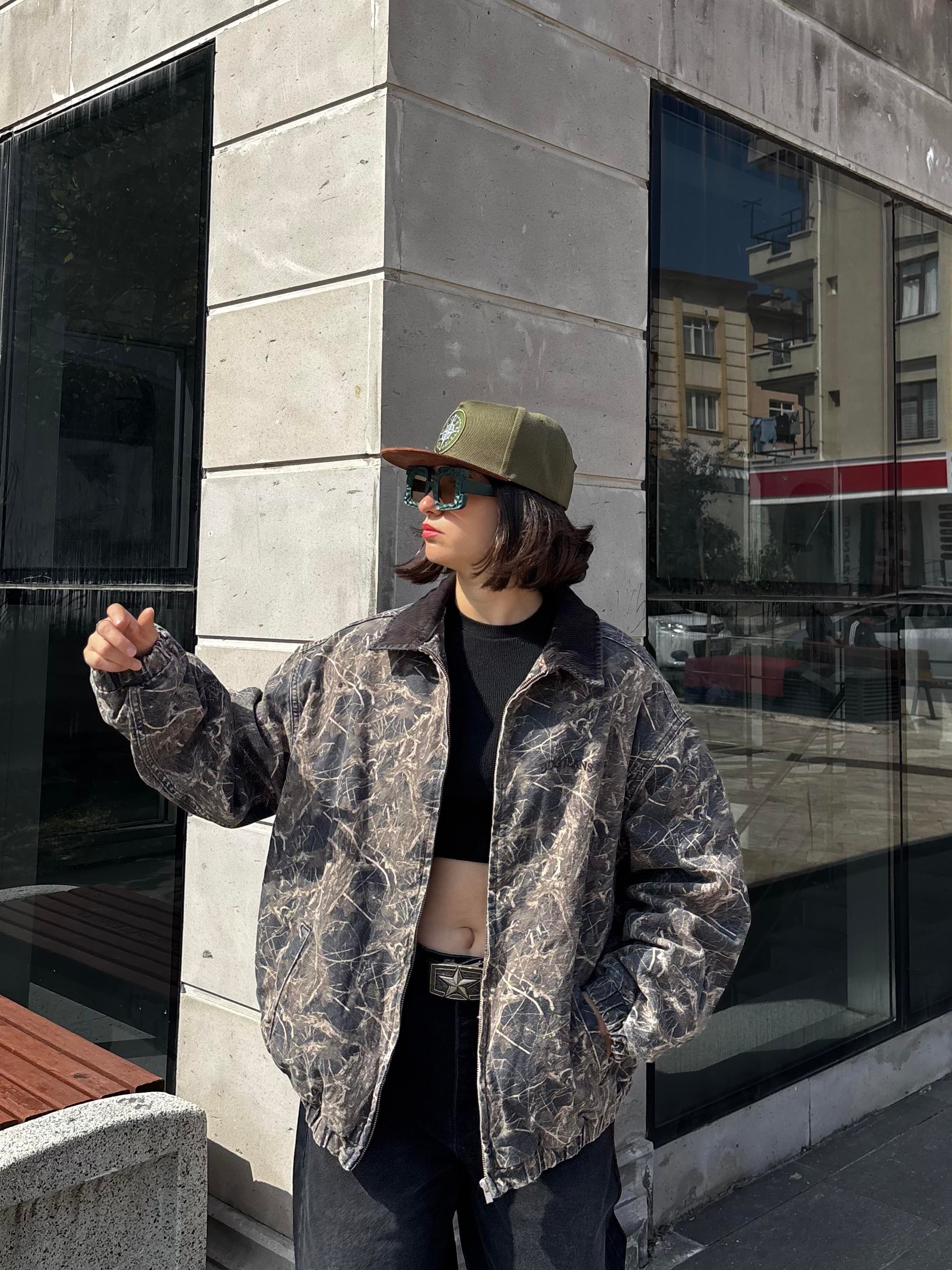 Premium Dark Leaf Print Harringtpn Bomber Jacket