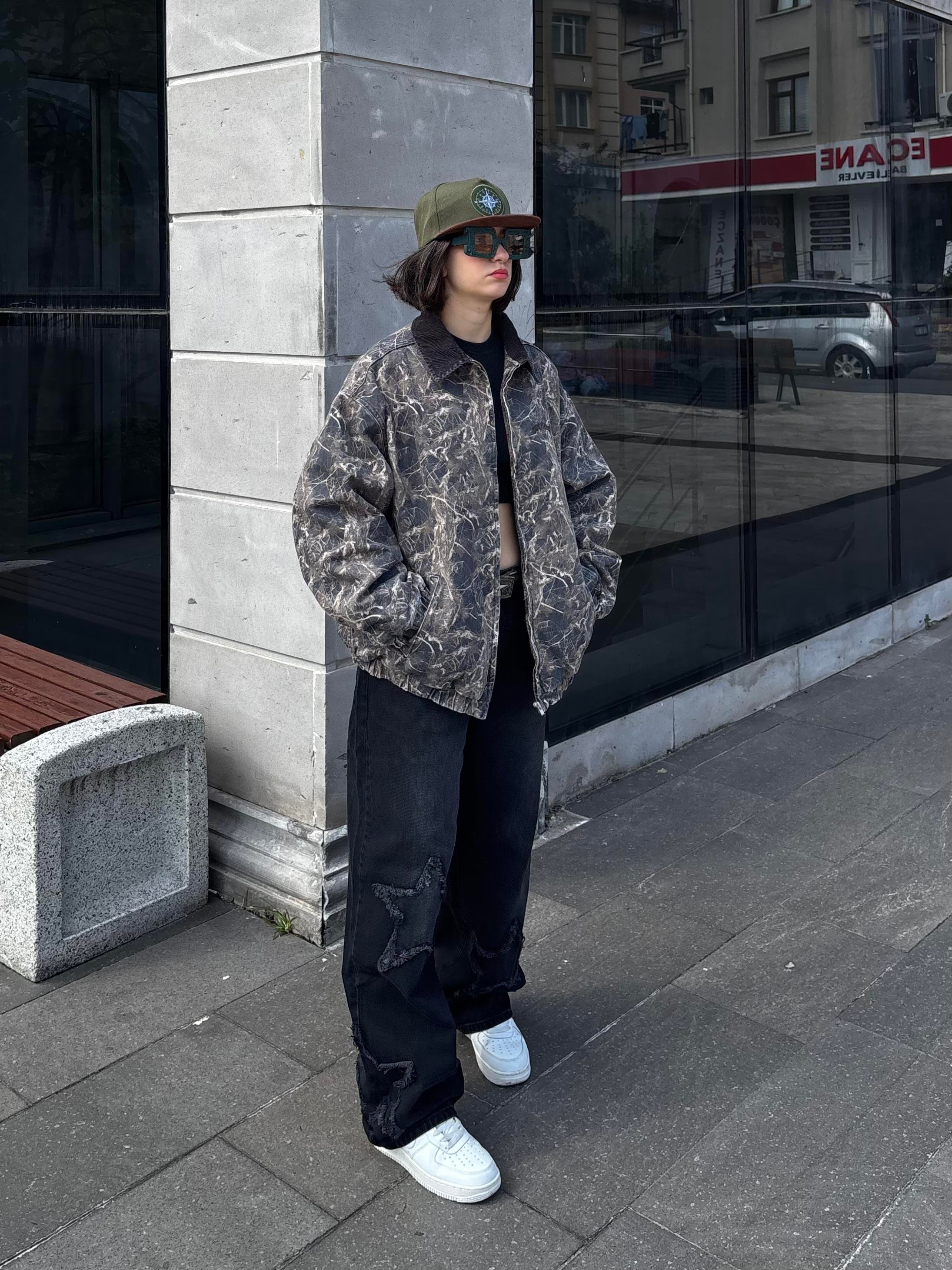 Premium Dark Leaf Print Harringtpn Bomber Jacket