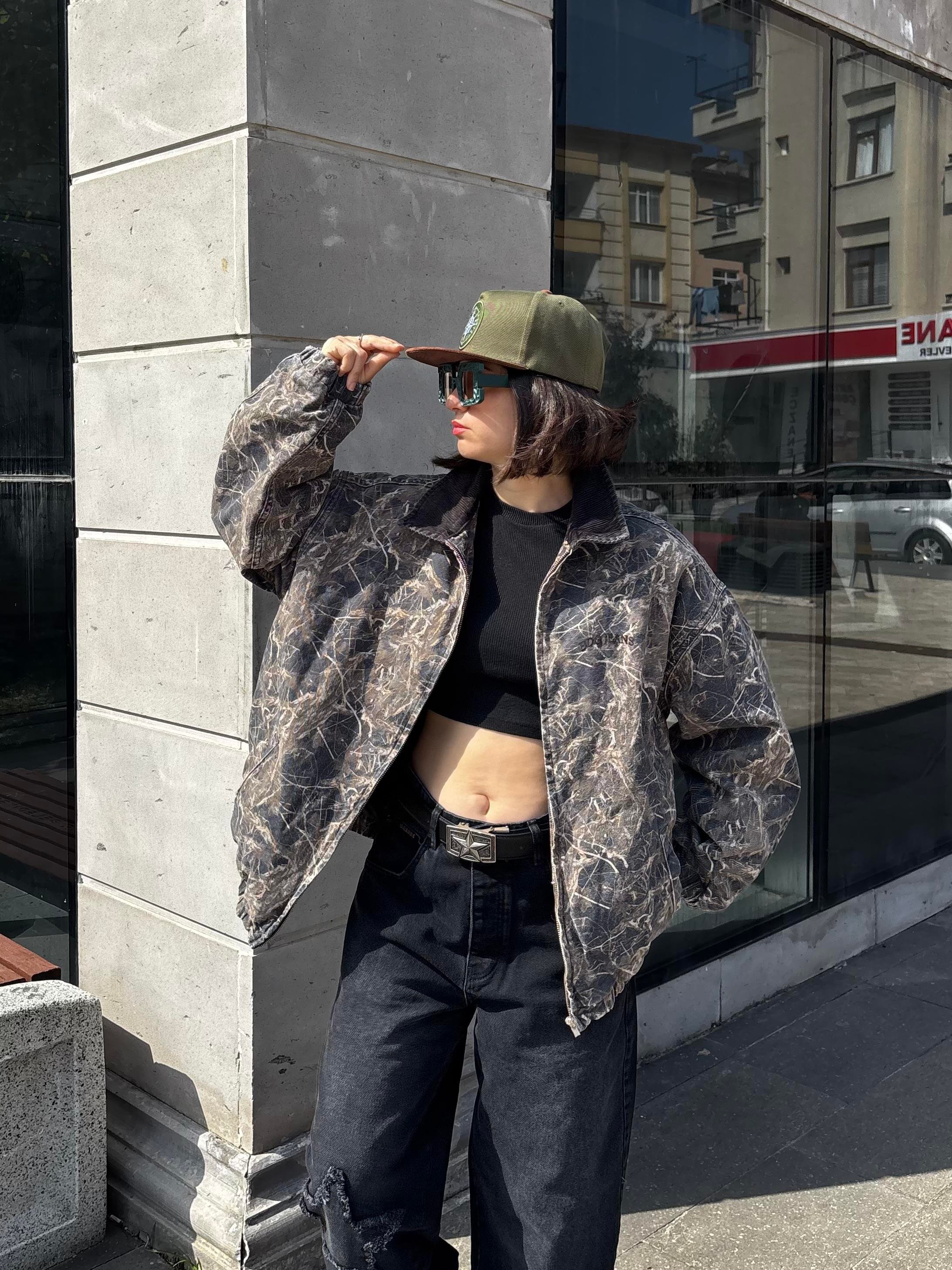 Premium Dark Leaf Print Harringtpn Bomber Jacket