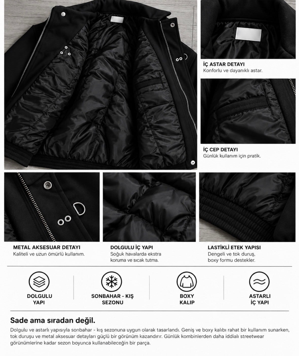 Premium Double Clıps Black Bomber Ceket