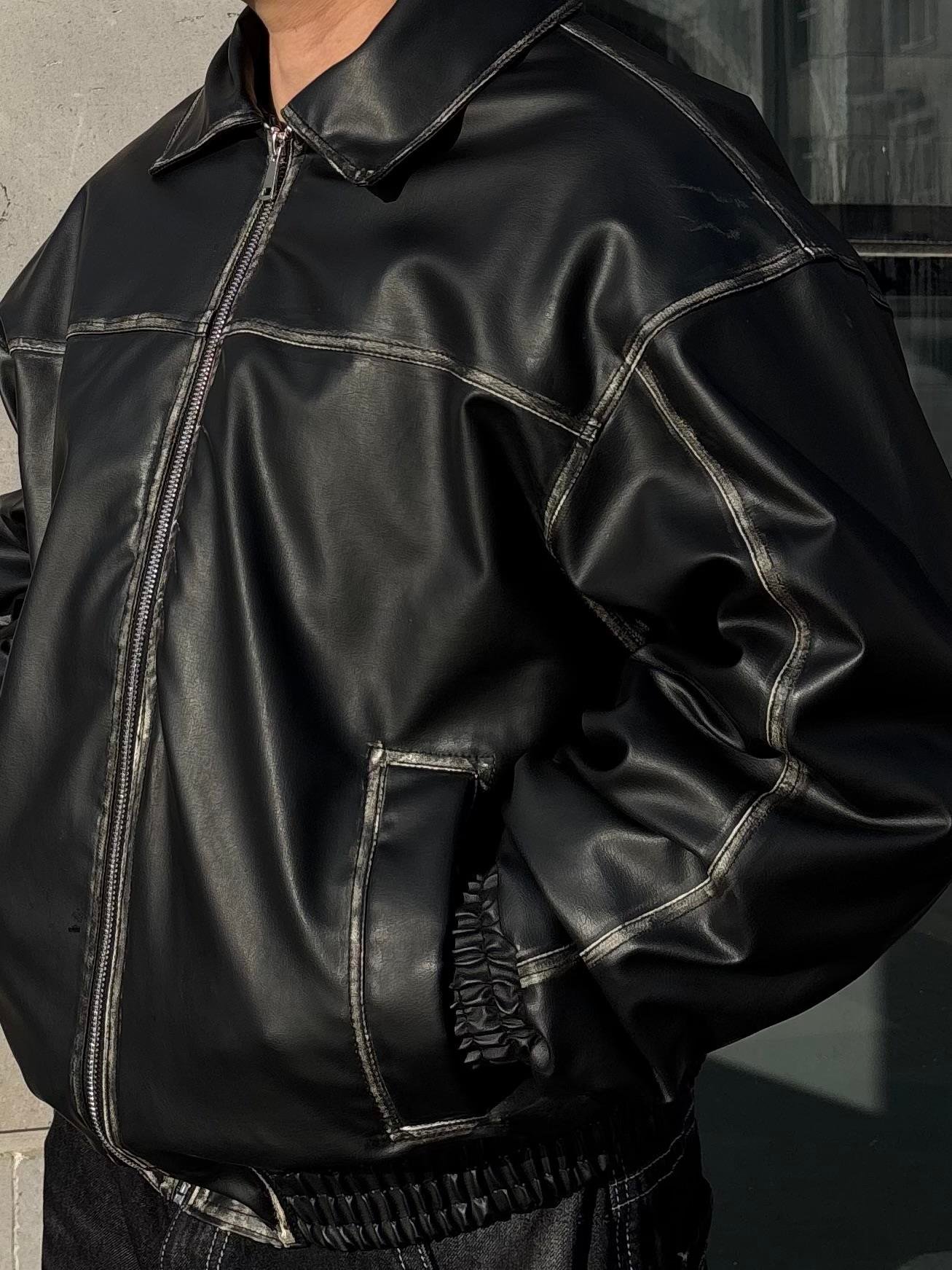 Premium Eskitme Detay Siyah Bomber Full-Zip Deri Ceket