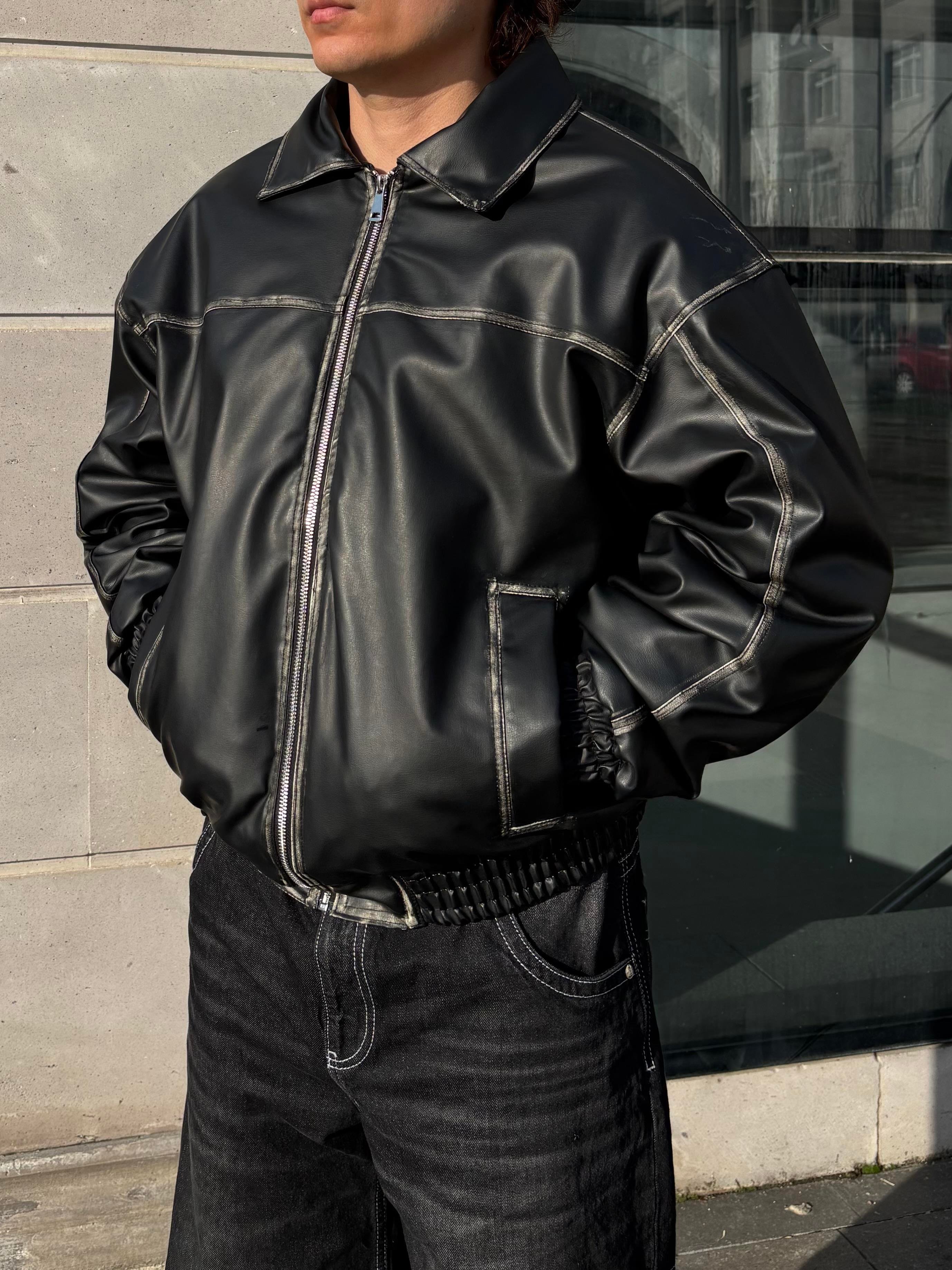 Premium Eskitme Detay Siyah Bomber Full-Zip Deri Ceket