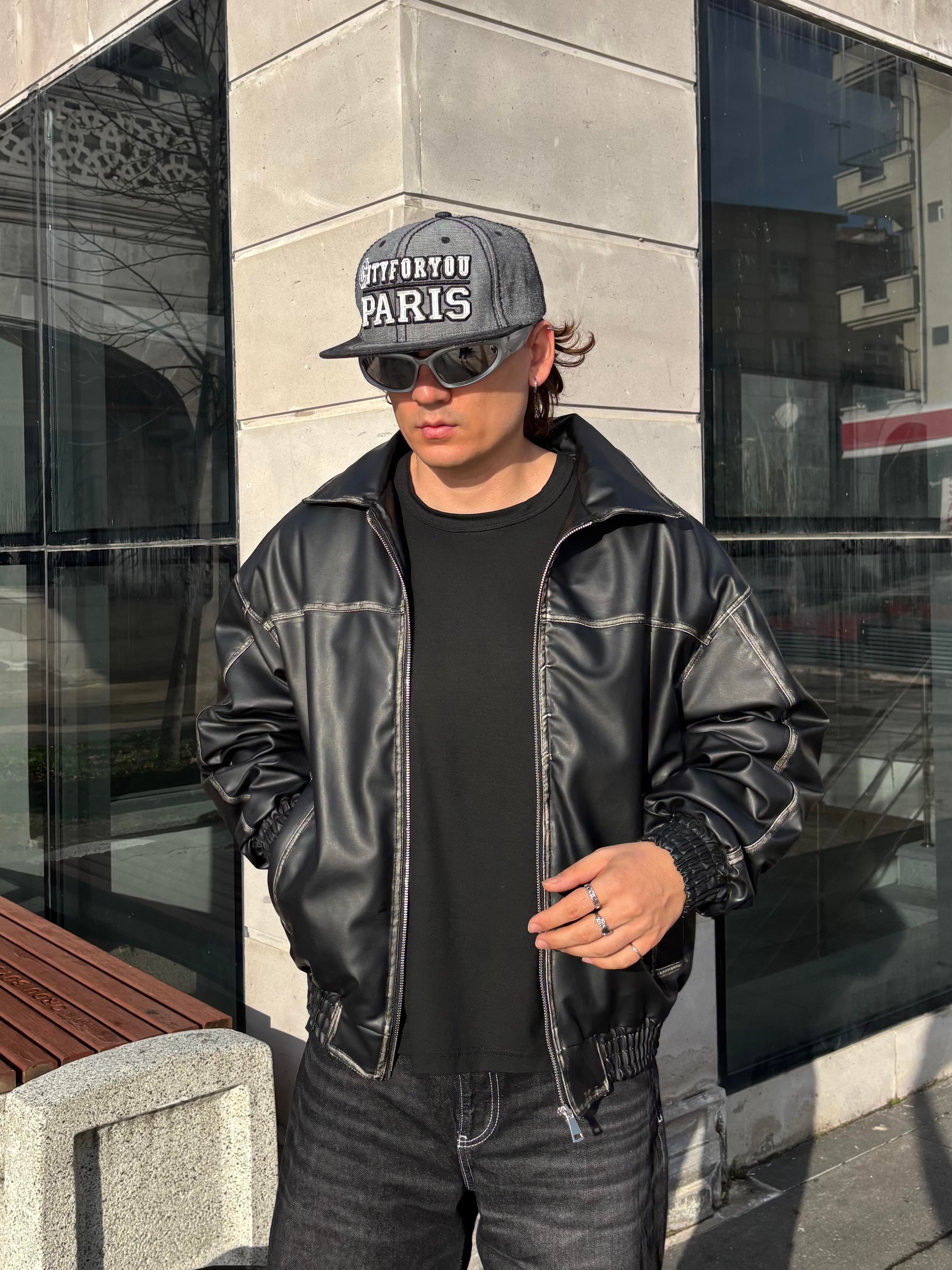 Premium Eskitme Detay Siyah Bomber Full-Zip Deri Ceket
