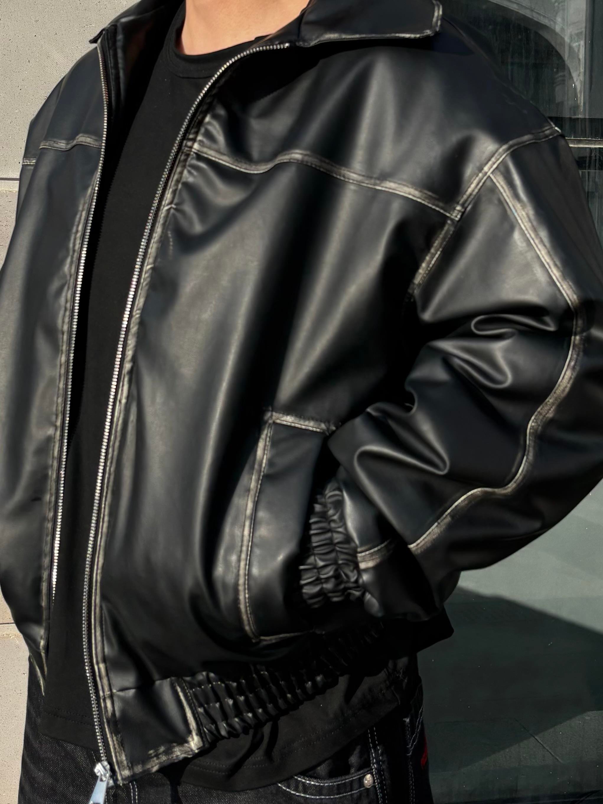 Premium Eskitme Detay Siyah Bomber Full-Zip Deri Ceket