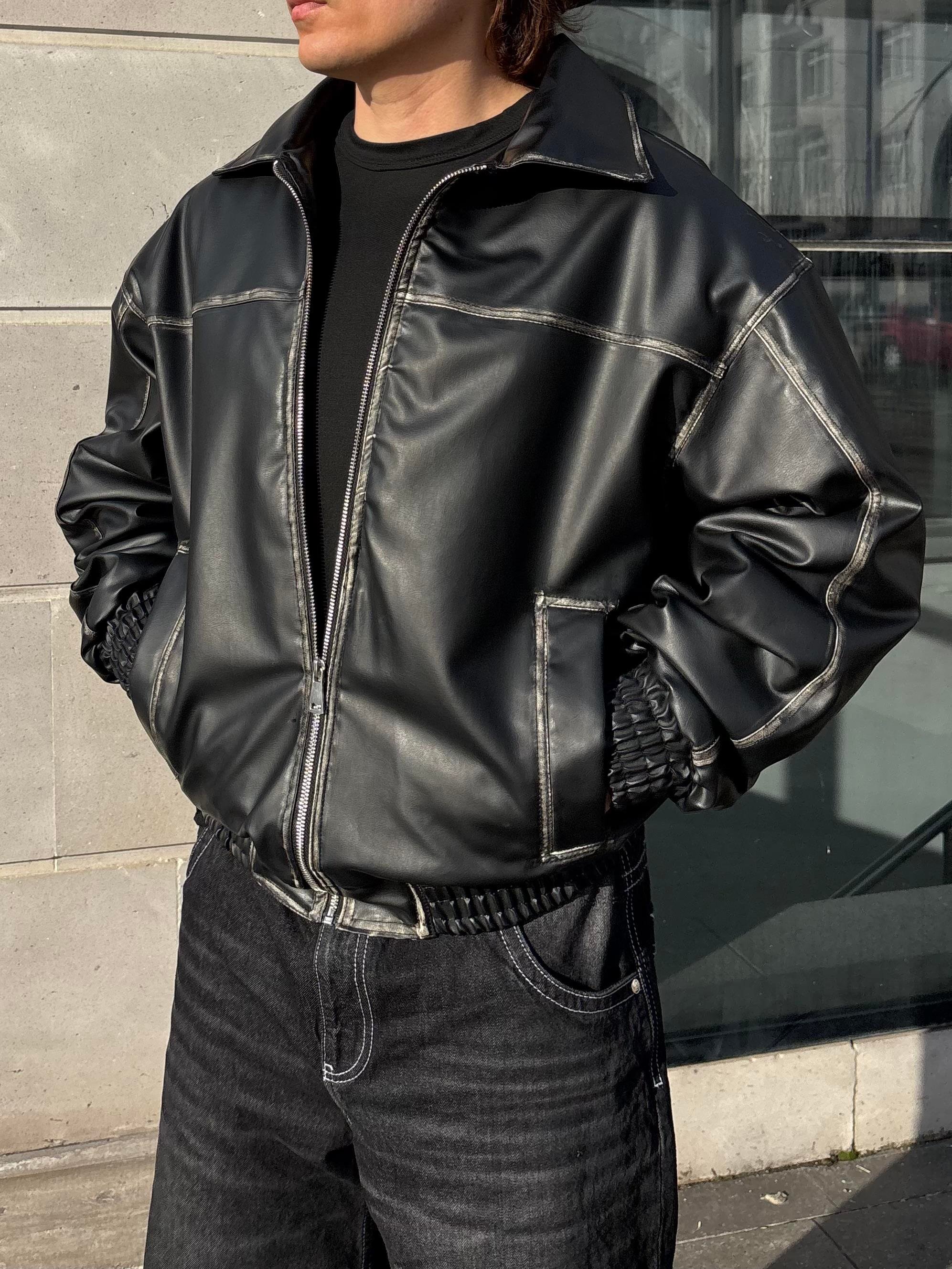 Premium Eskitme Detay Siyah Bomber Full-Zip Deri Ceket