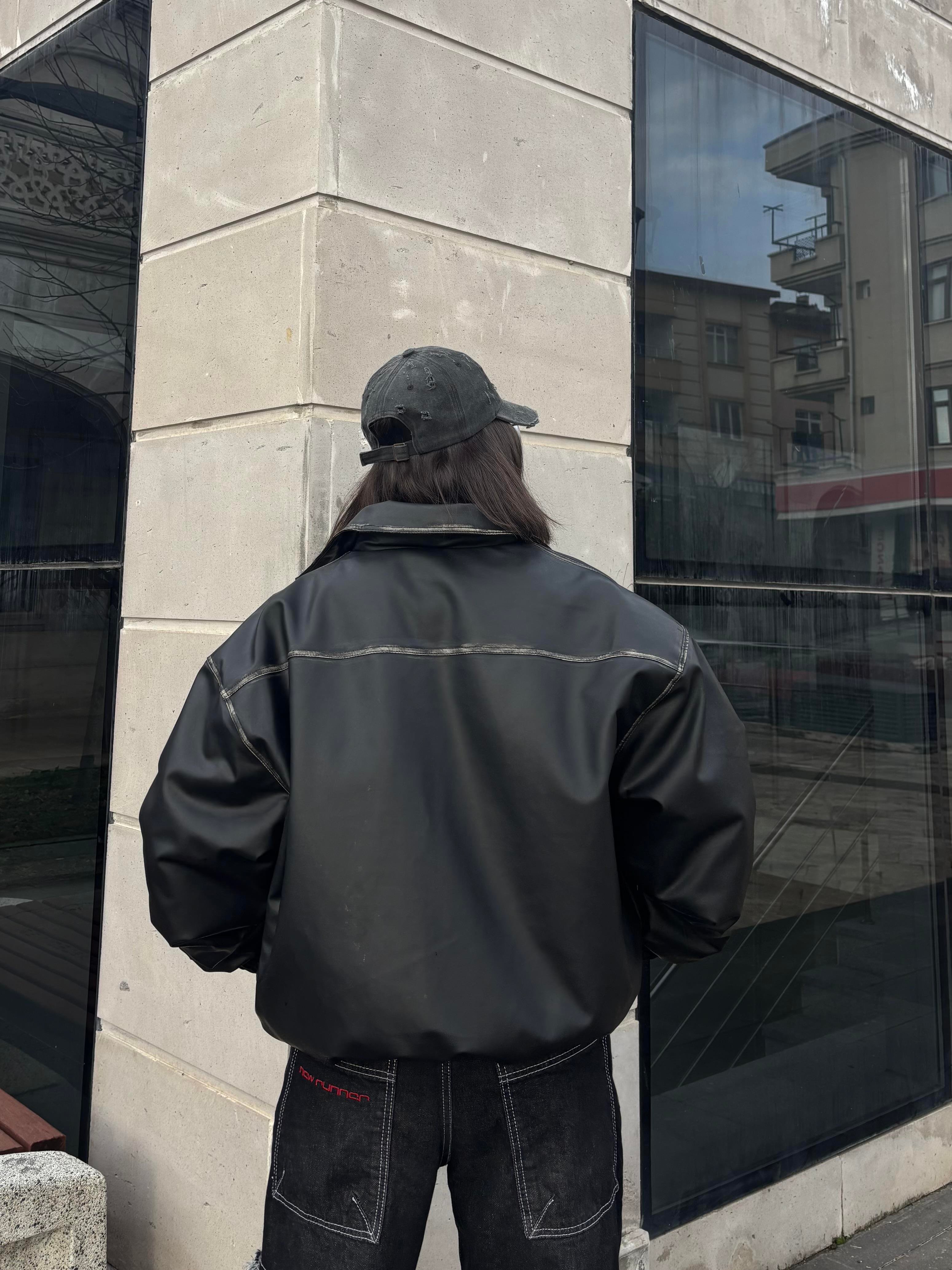 Premium Eskitme Detay Siyah Bomber Full-Zip Deri Ceket