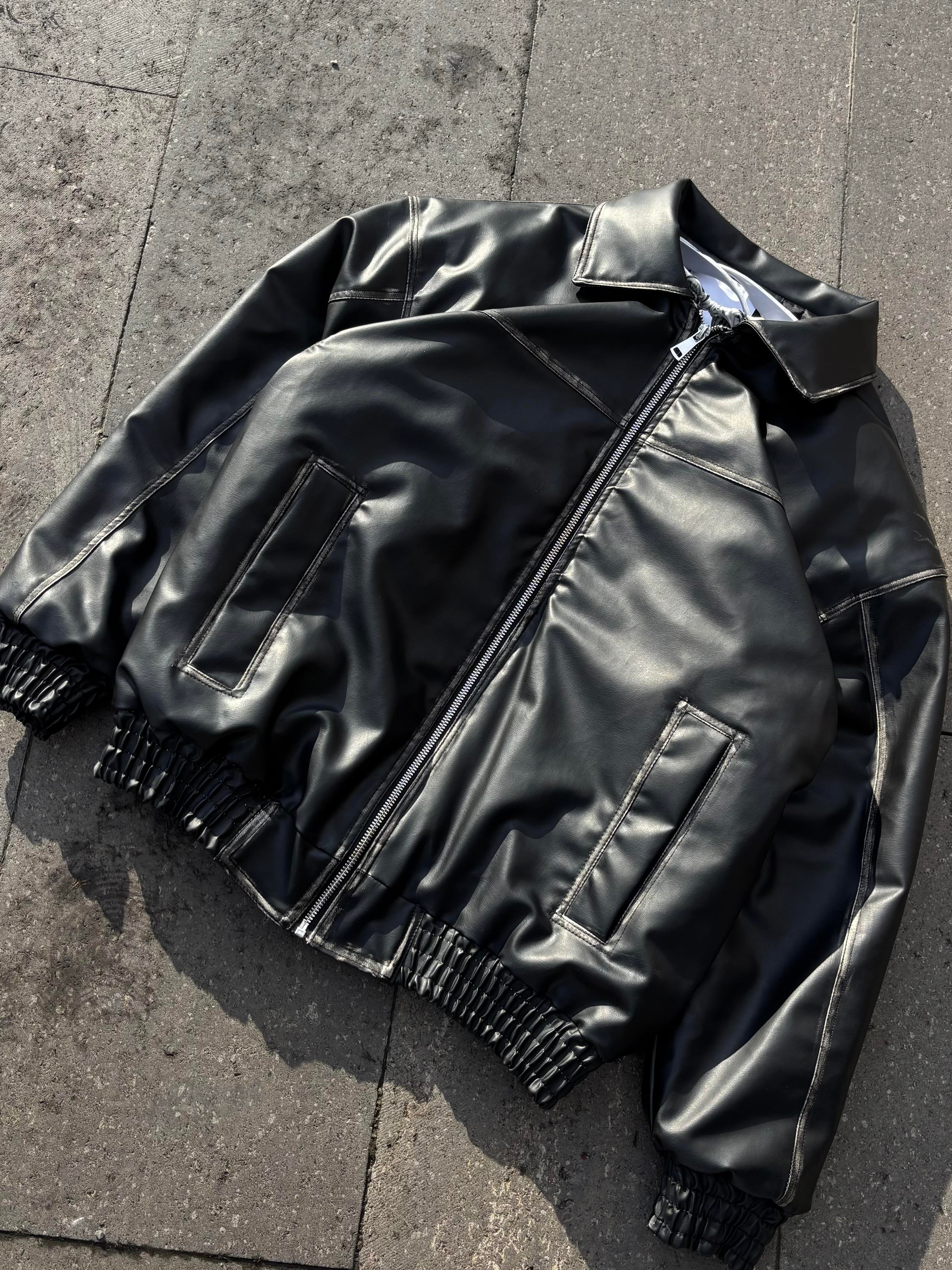 Premium Eskitme Detay Siyah Bomber Full-Zip Deri Ceket