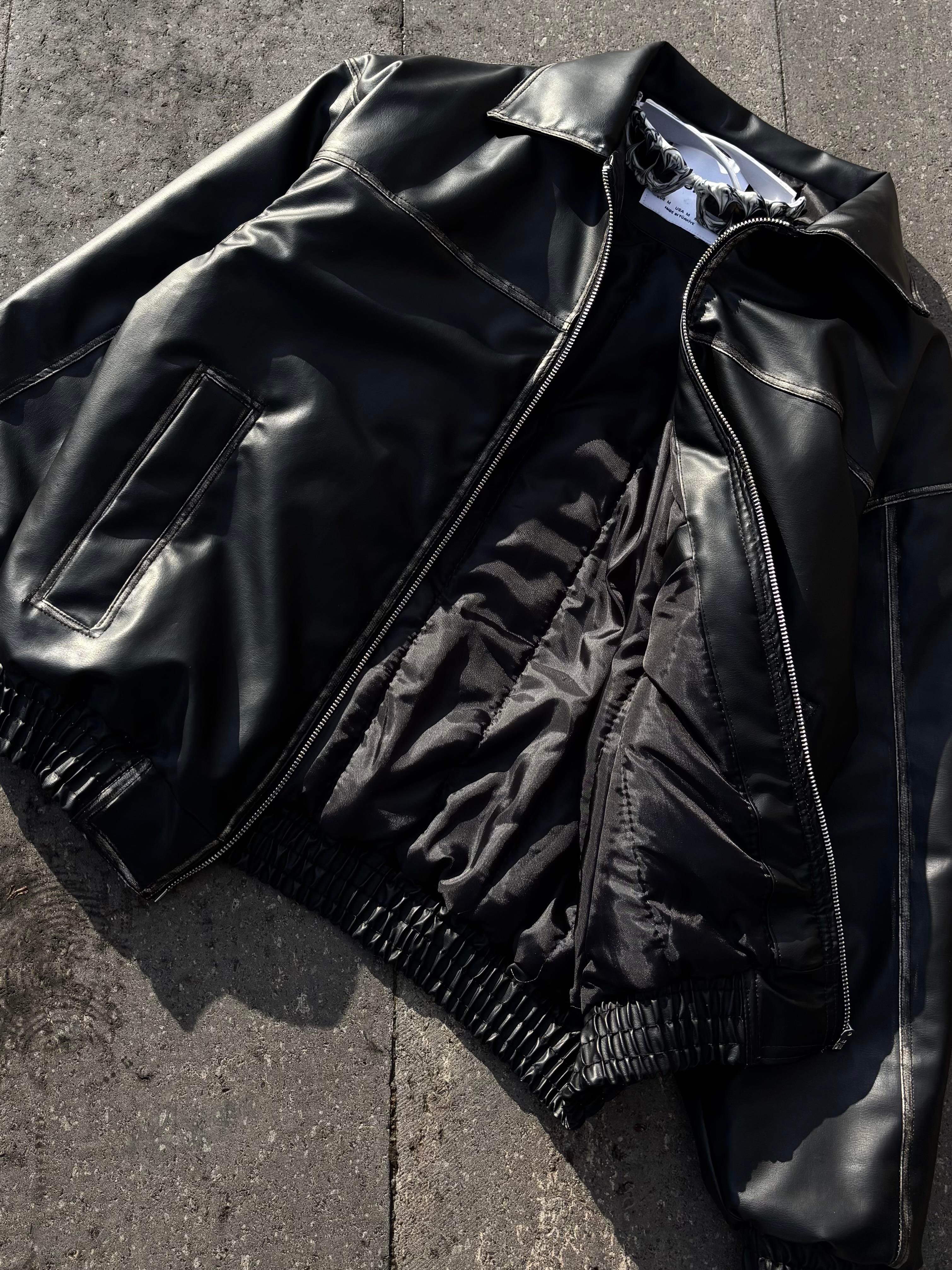 Premium Eskitme Detay Siyah Bomber Full-Zip Deri Ceket