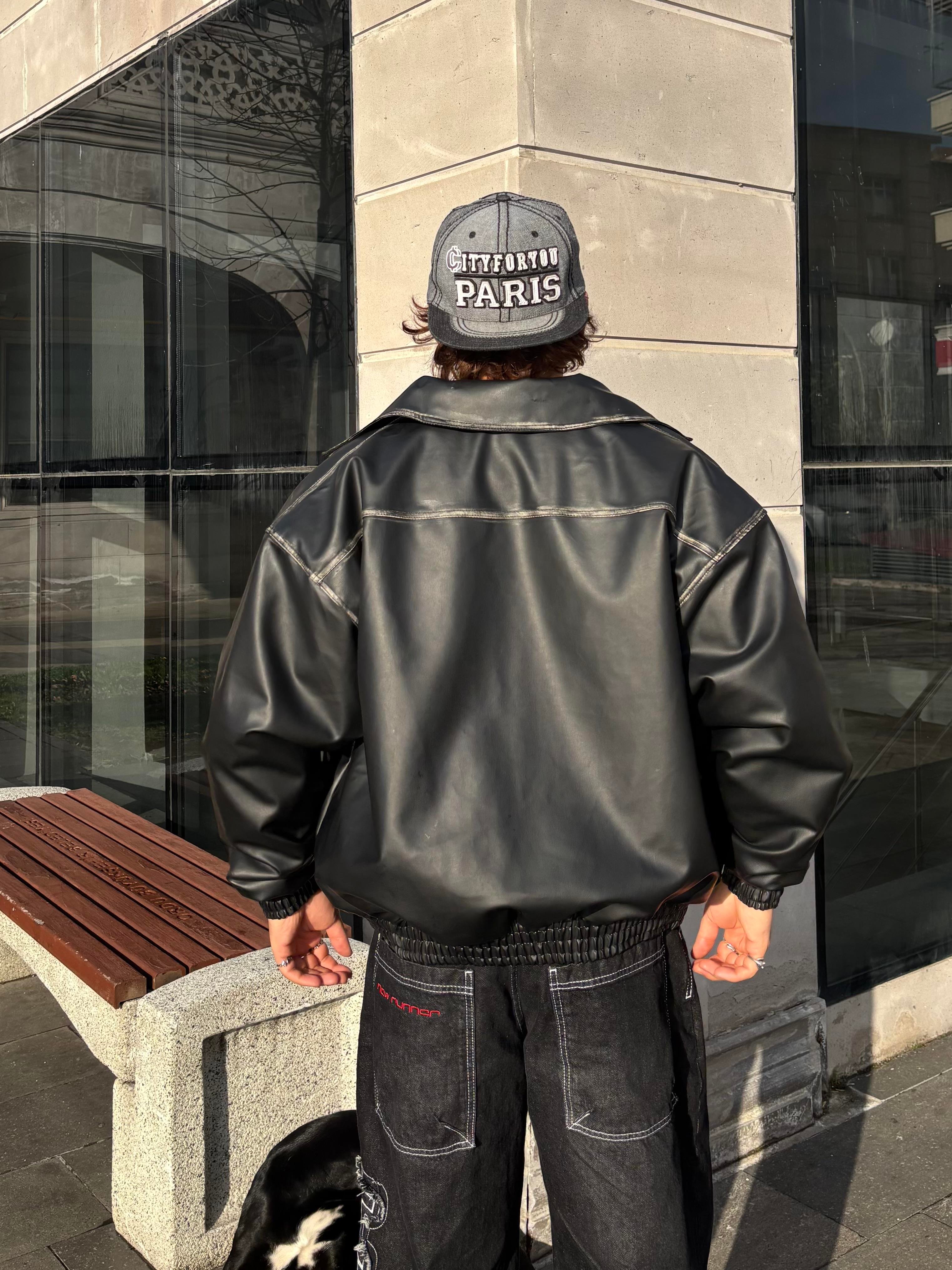 Premium Eskitme Detay Siyah Bomber Full-Zip Deri Ceket