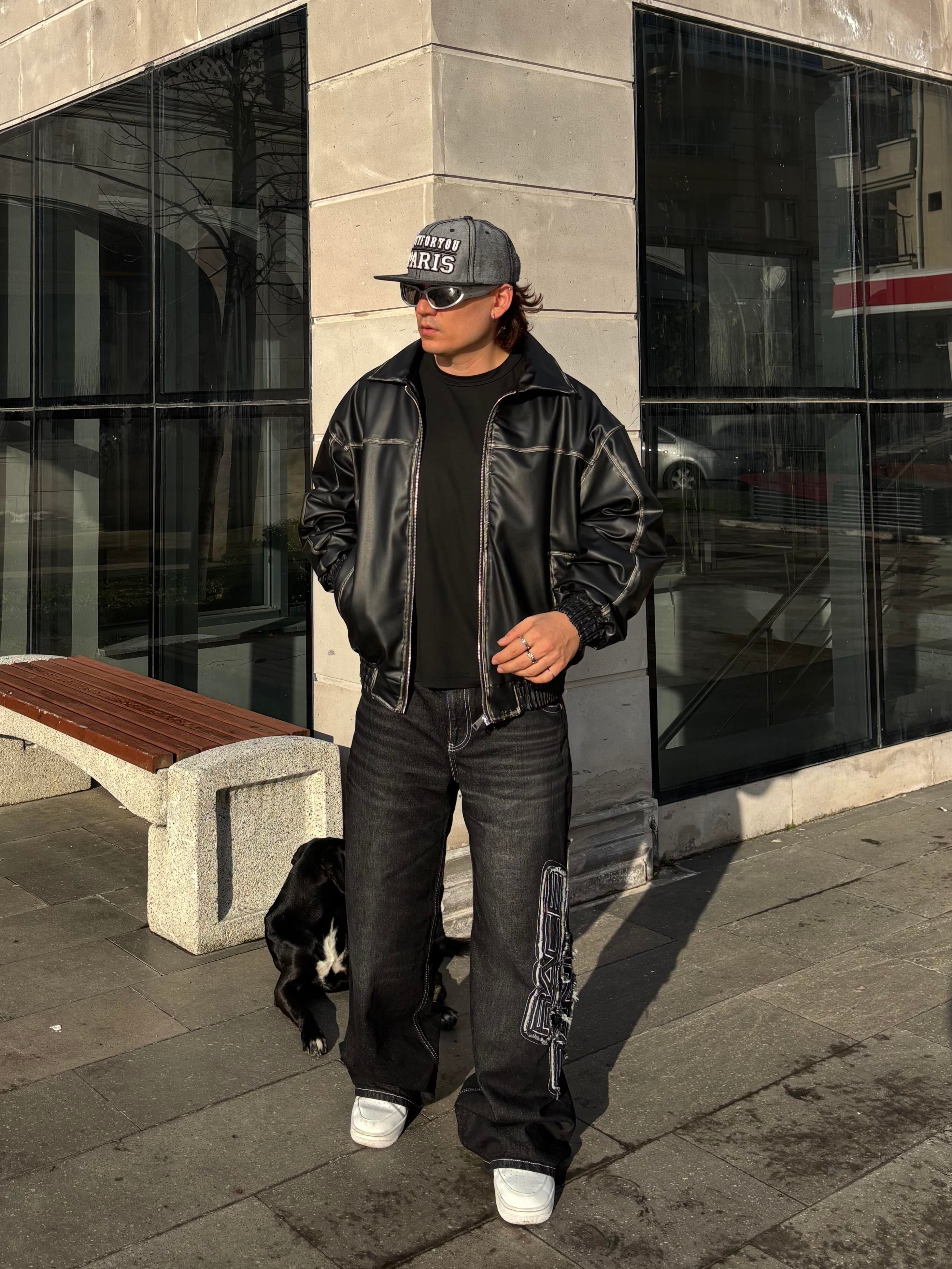 Premium Eskitme Detay Siyah Bomber Full-Zip Deri Ceket