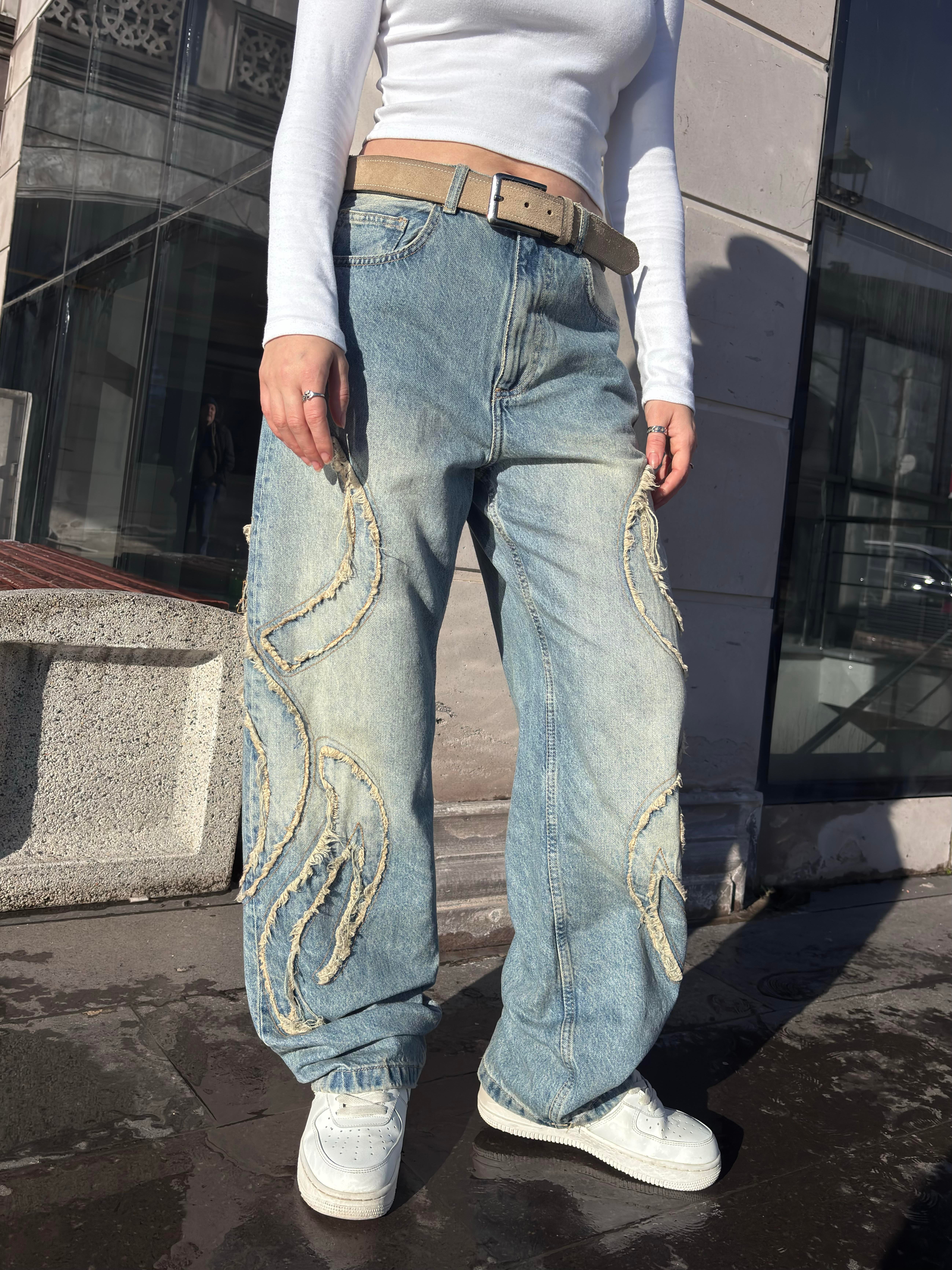 Premium Eskitme Ton Edge Tassel Baggy Pants
