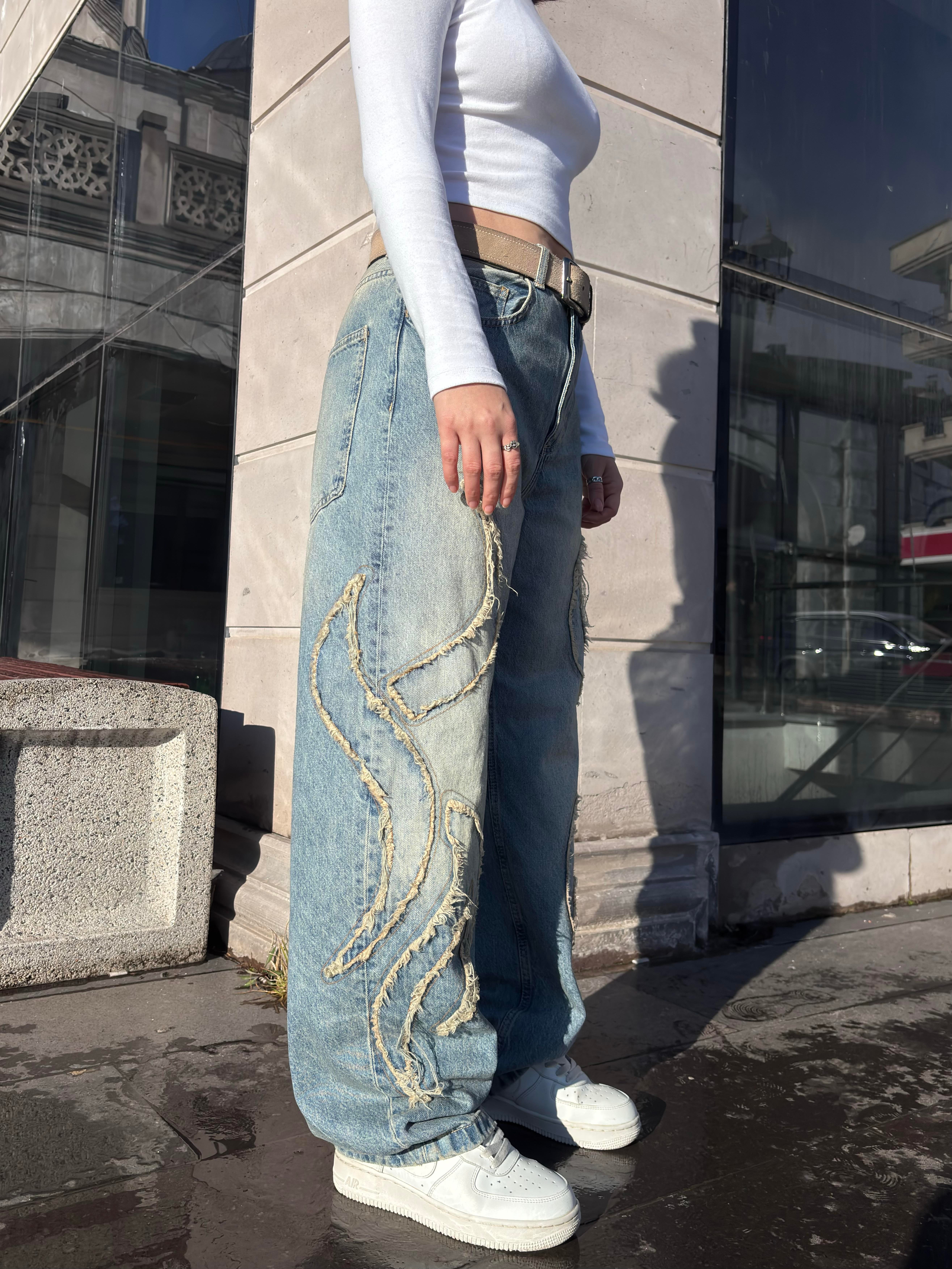 Premium Eskitme Ton Edge Tassel Baggy Pants