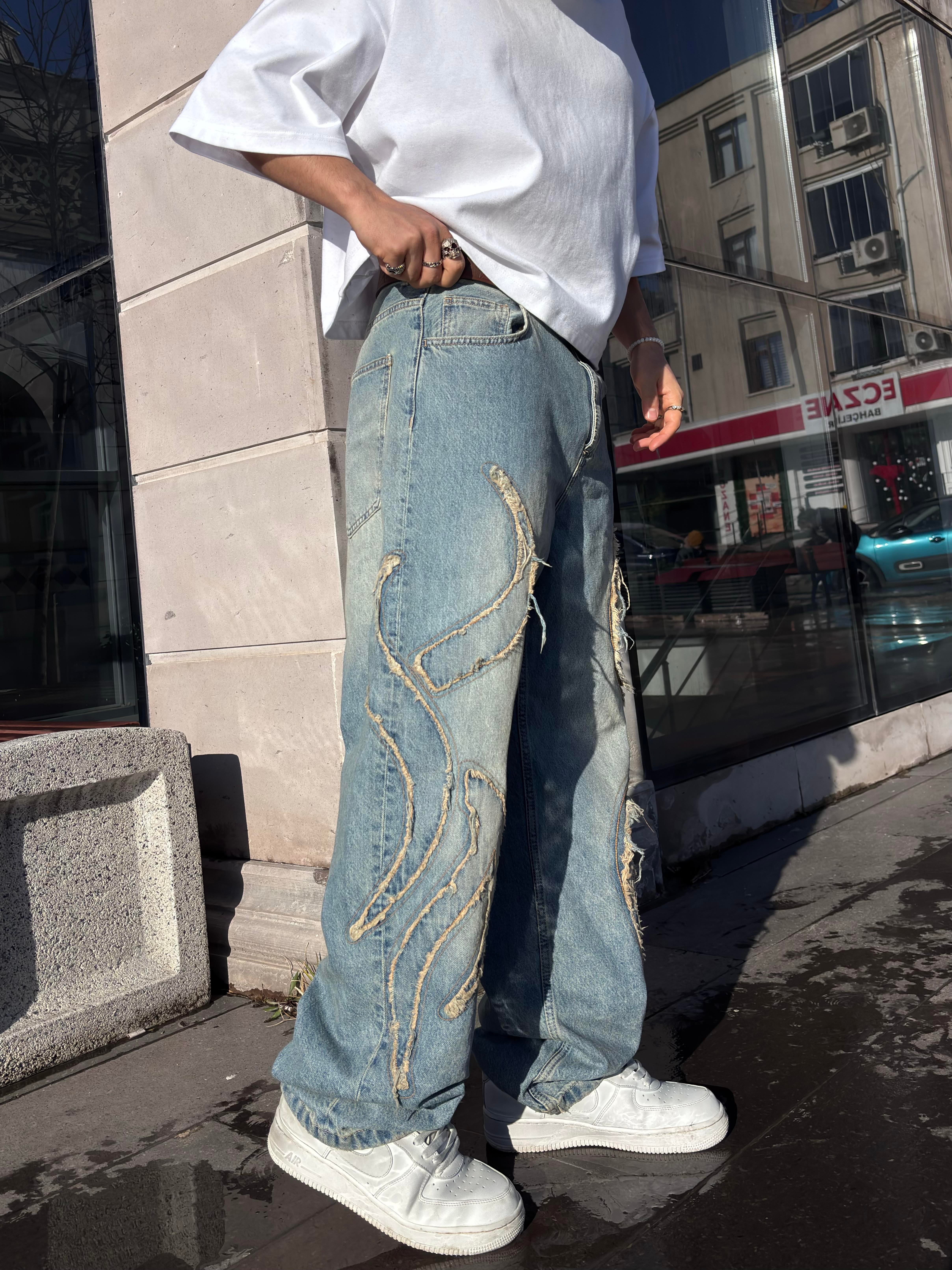 Premium Eskitme Ton Edge Tassel Baggy Pants