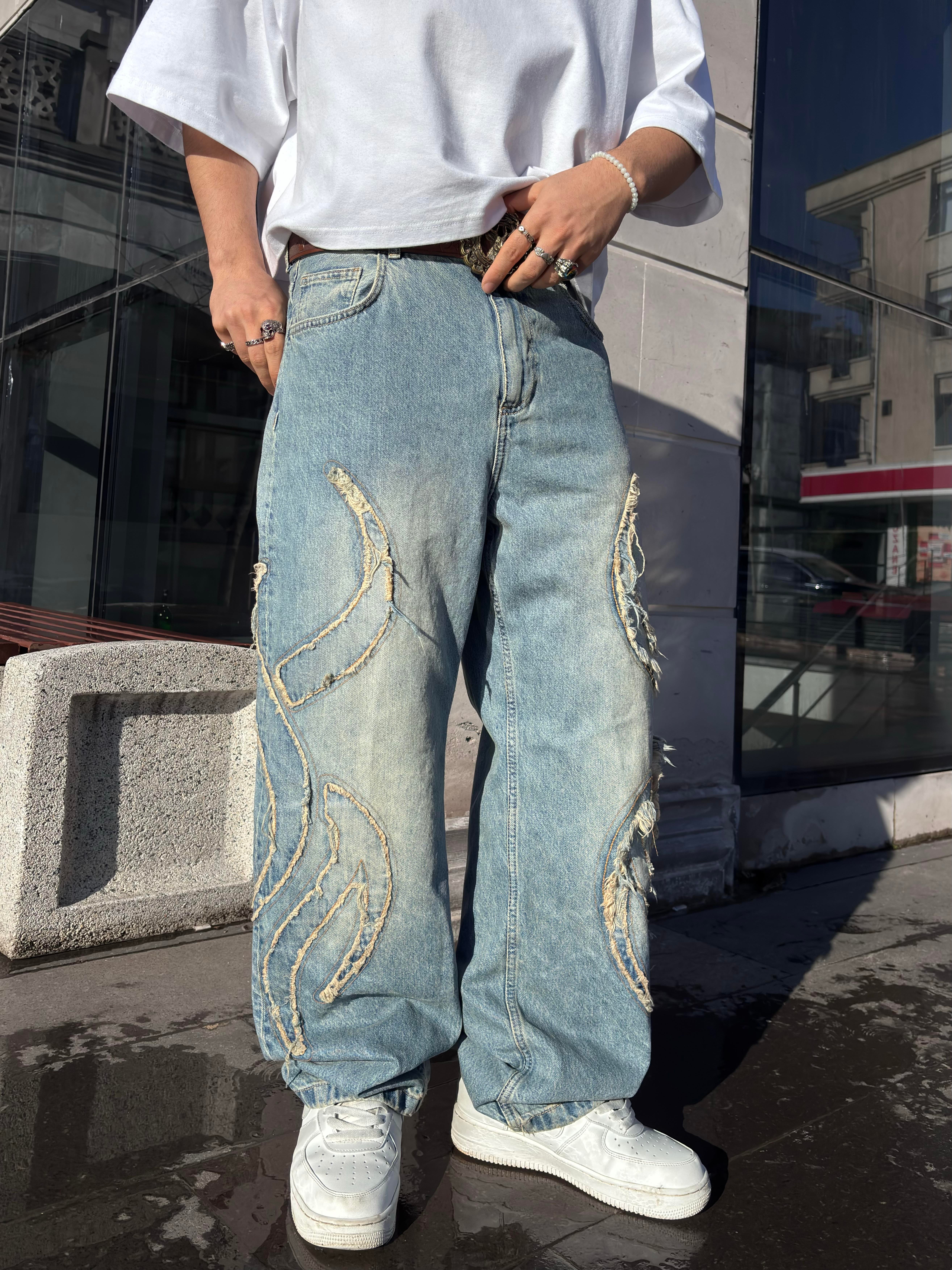 Premium Eskitme Ton Edge Tassel Baggy Pants