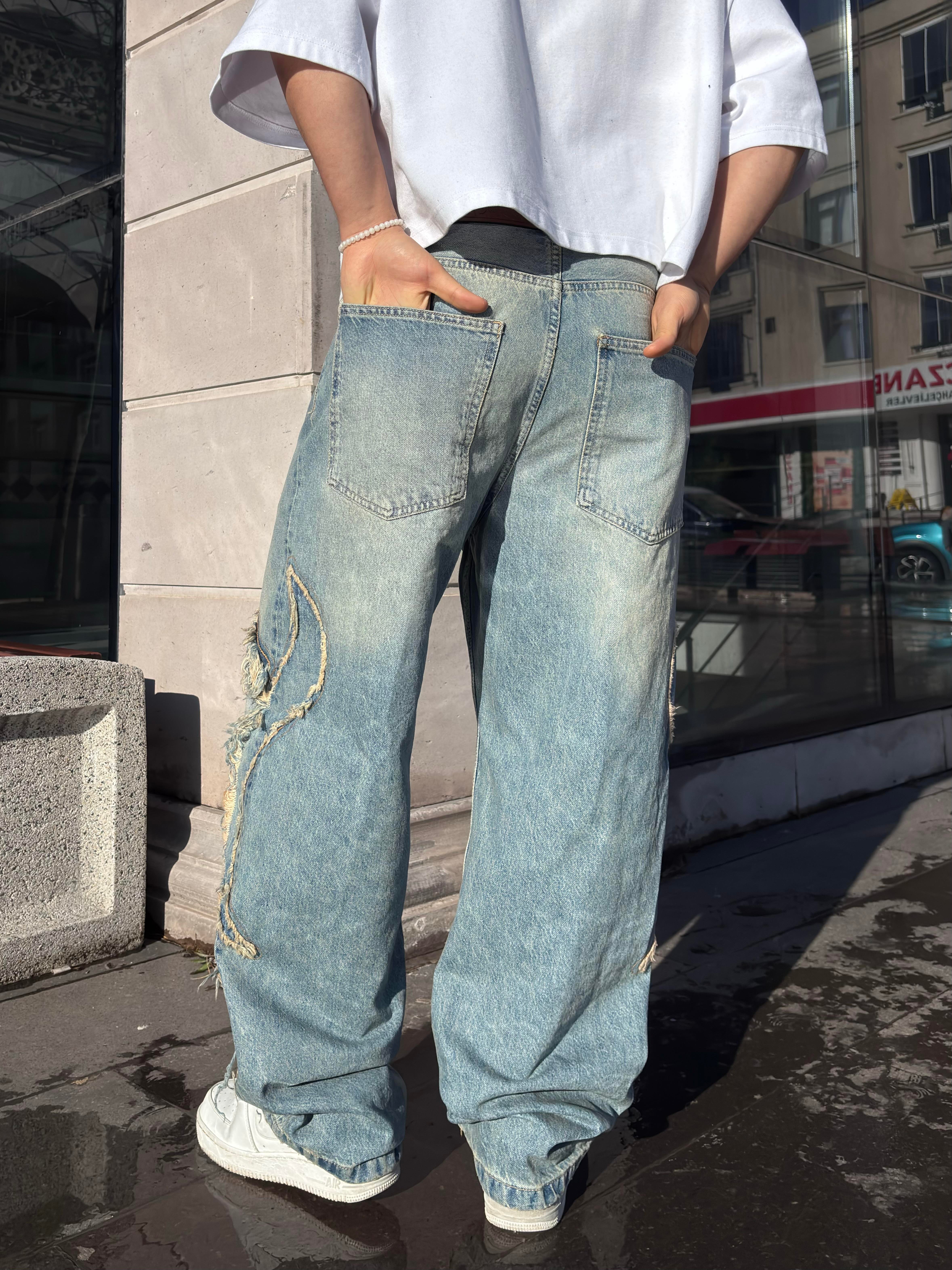 Premium Eskitme Ton Edge Tassel Baggy Pants