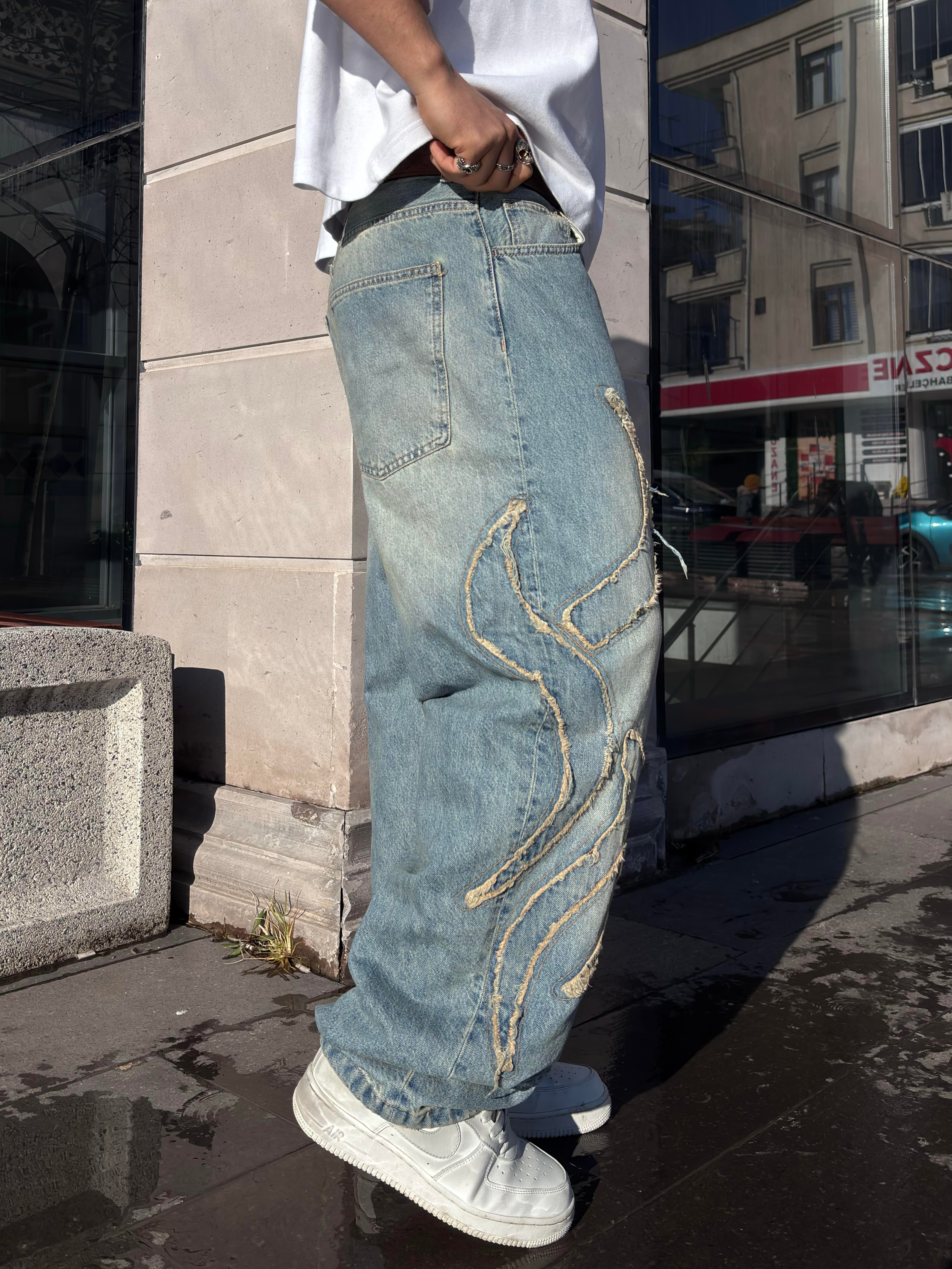 Premium Eskitme Ton Edge Tassel Baggy Pants