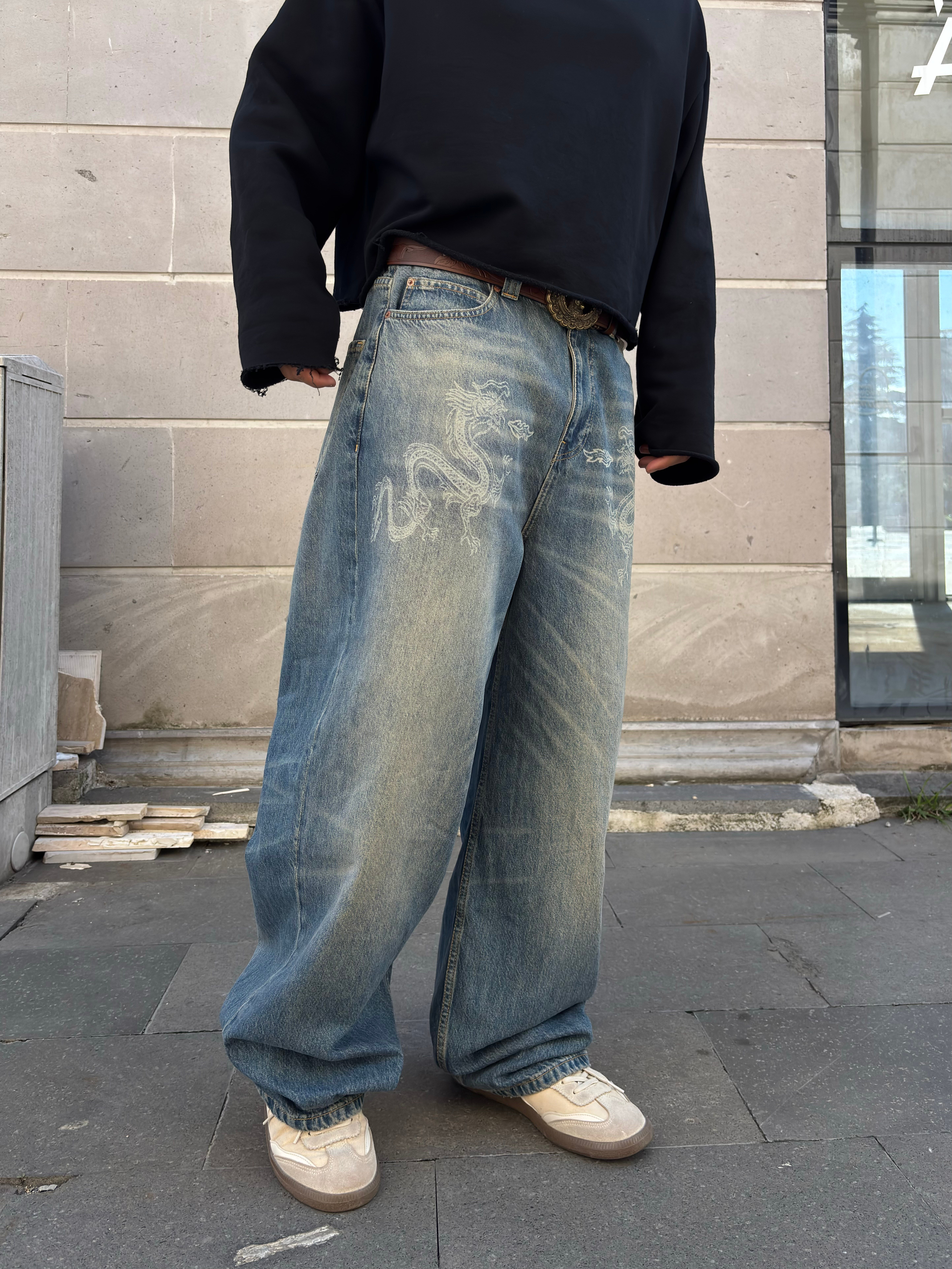Premium Eskitme Ton Twin Dragon Baggy Jeans