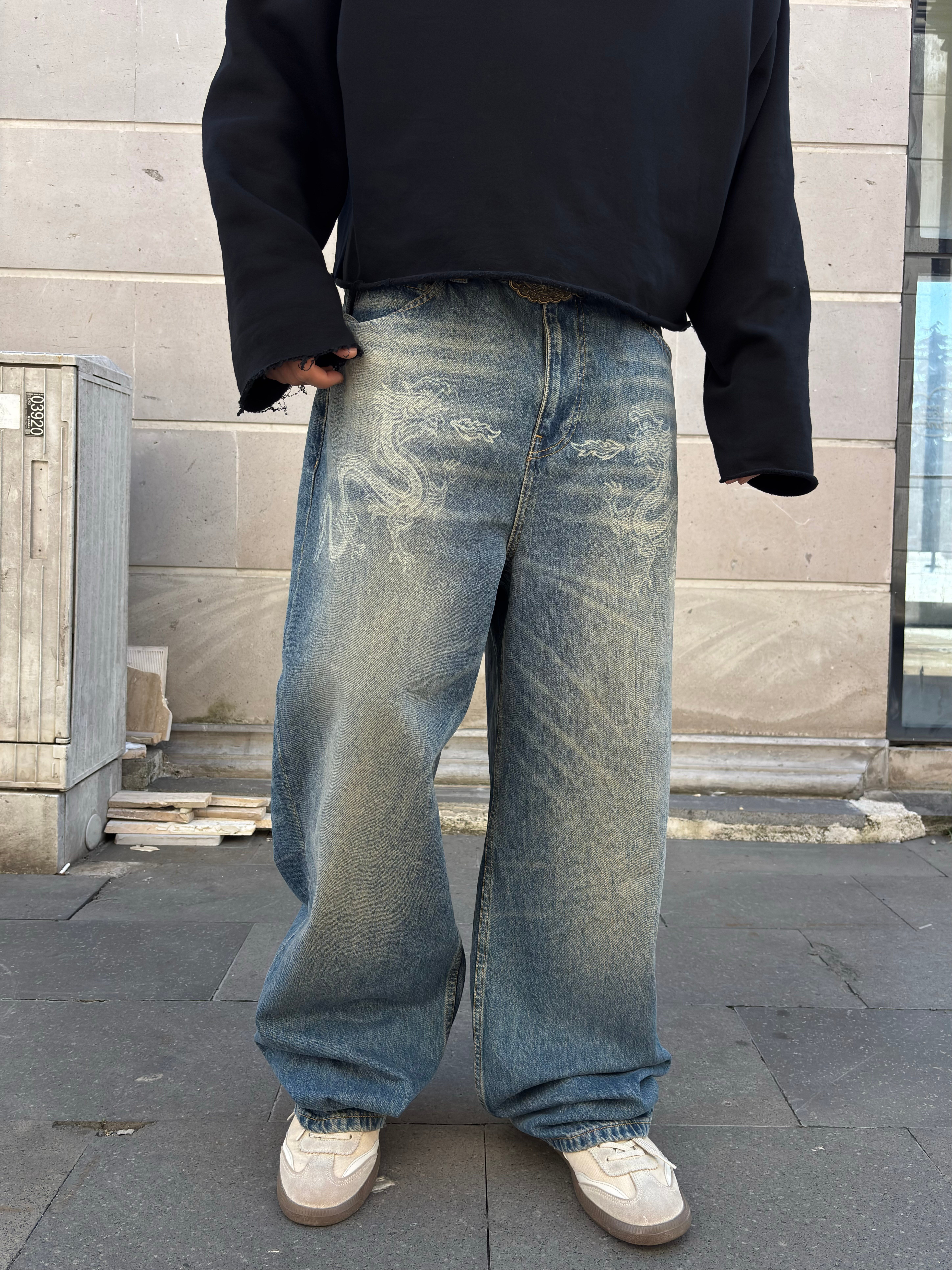 Premium Eskitme Ton Twin Dragon Baggy Jeans
