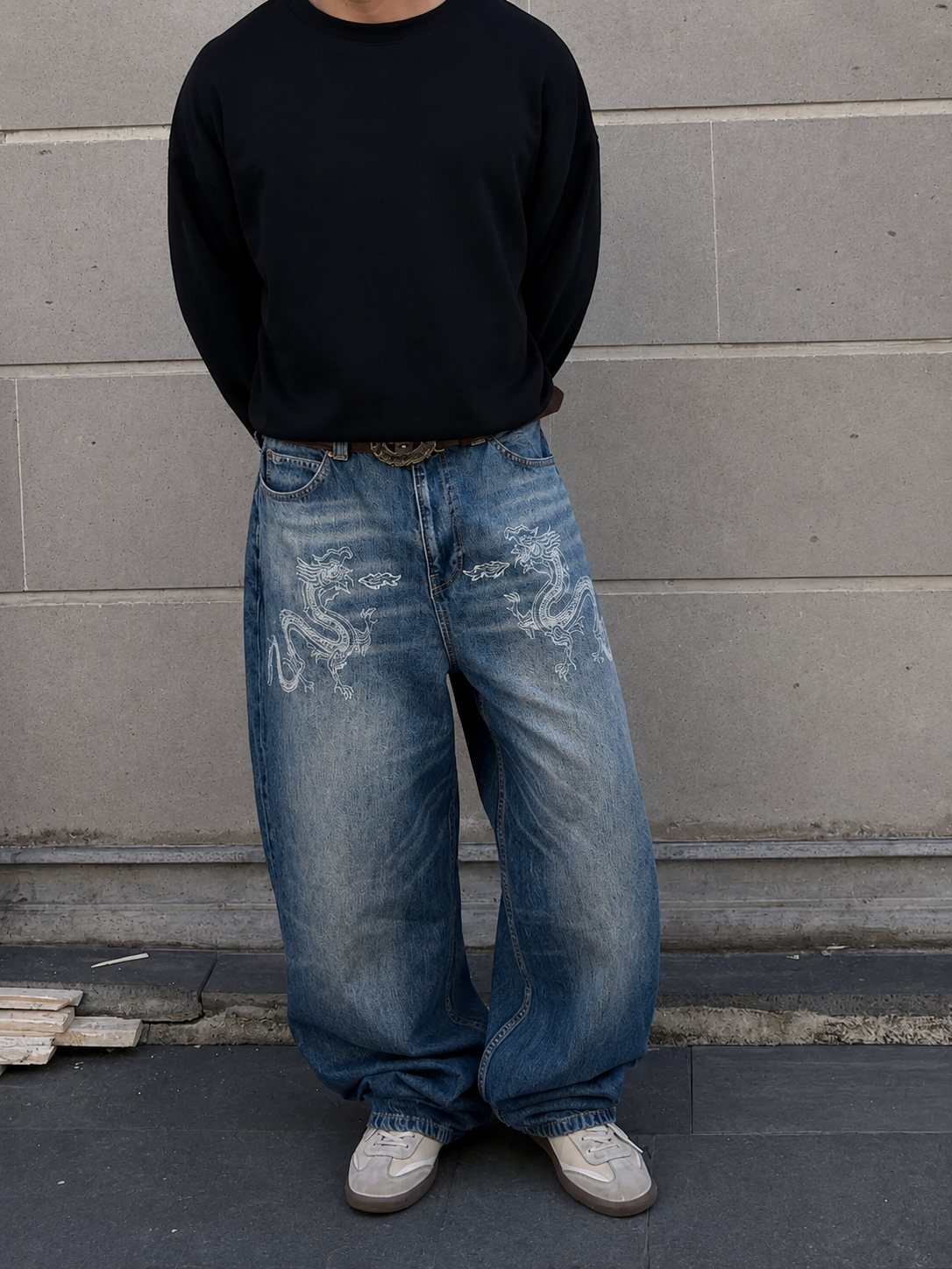 Premium Eskitme Ton Twin Dragon Baggy Jeans