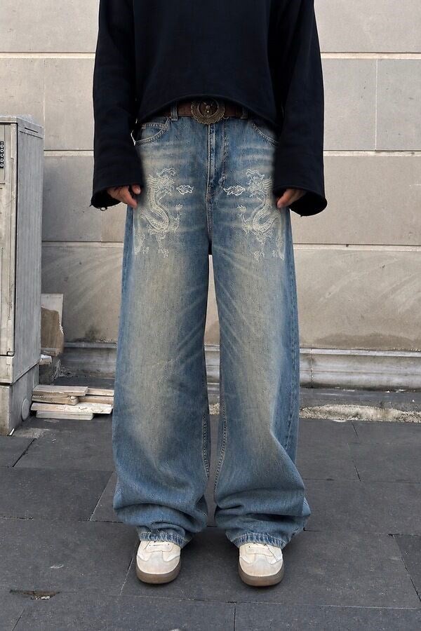 Premium Eskitme Ton Twin Dragon Baggy Jeans