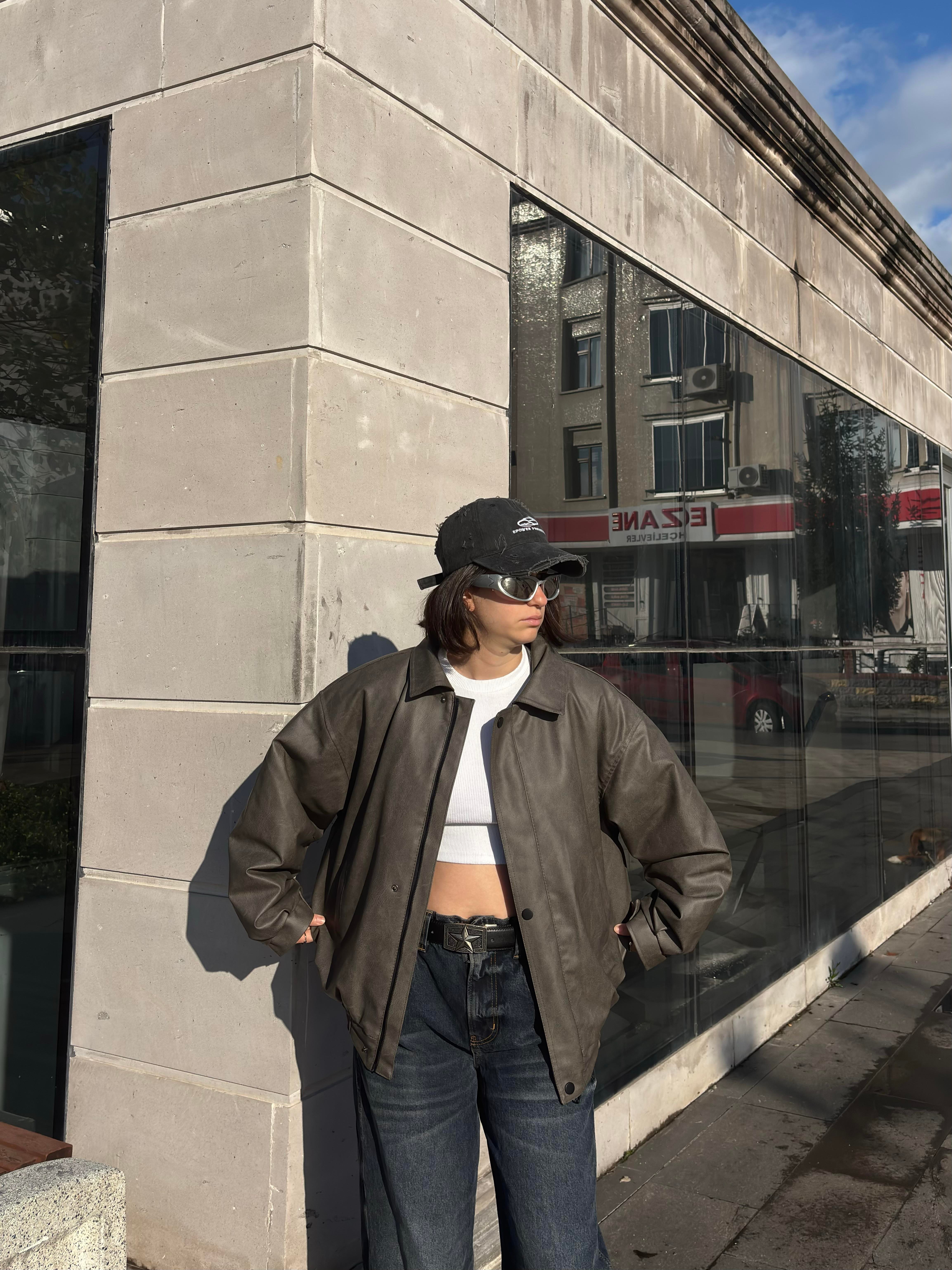 Premium Gravel Bomber Full-Zip Deri Ceket