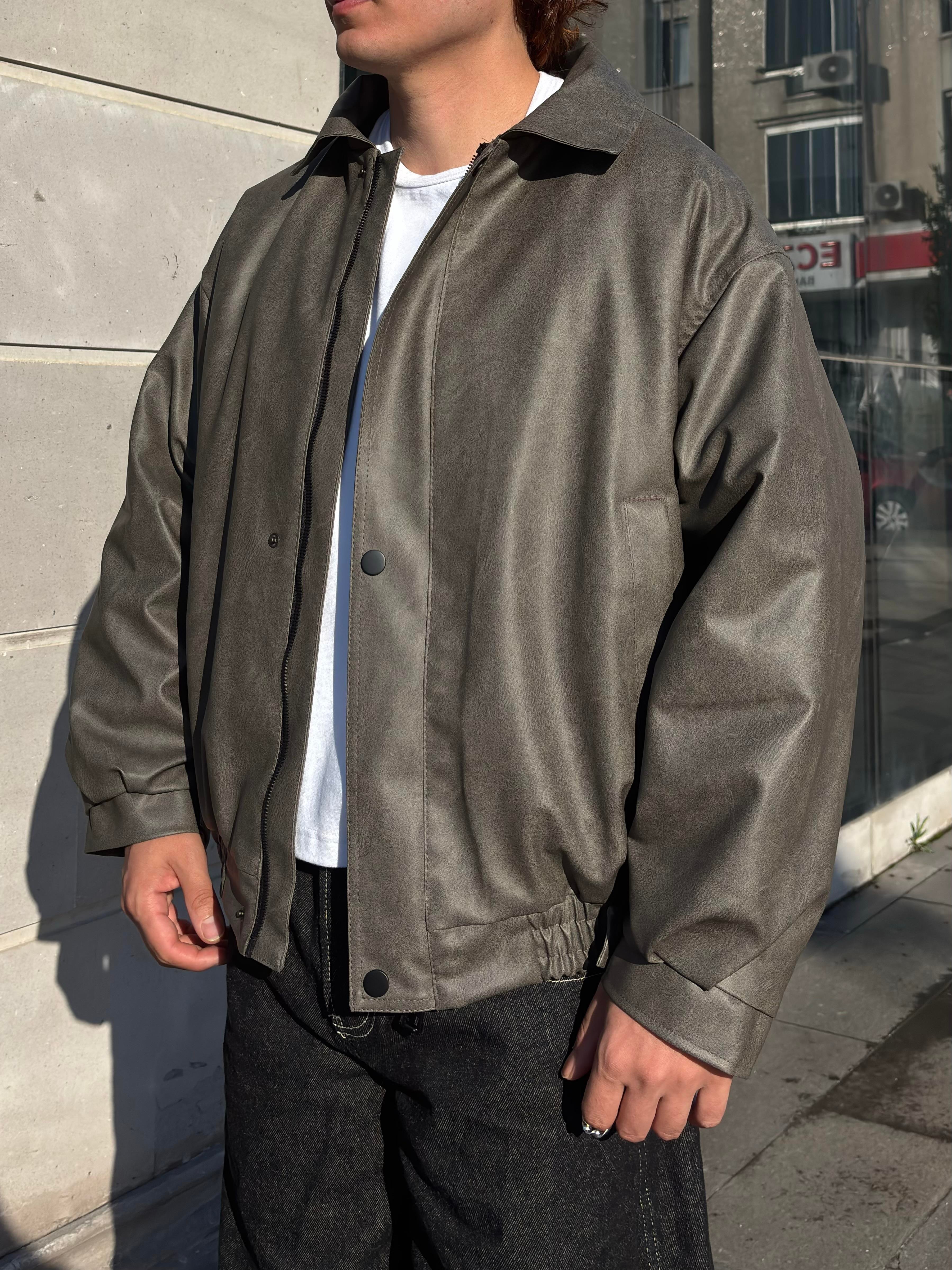Premium Gravel Bomber Full-Zip Deri Ceket