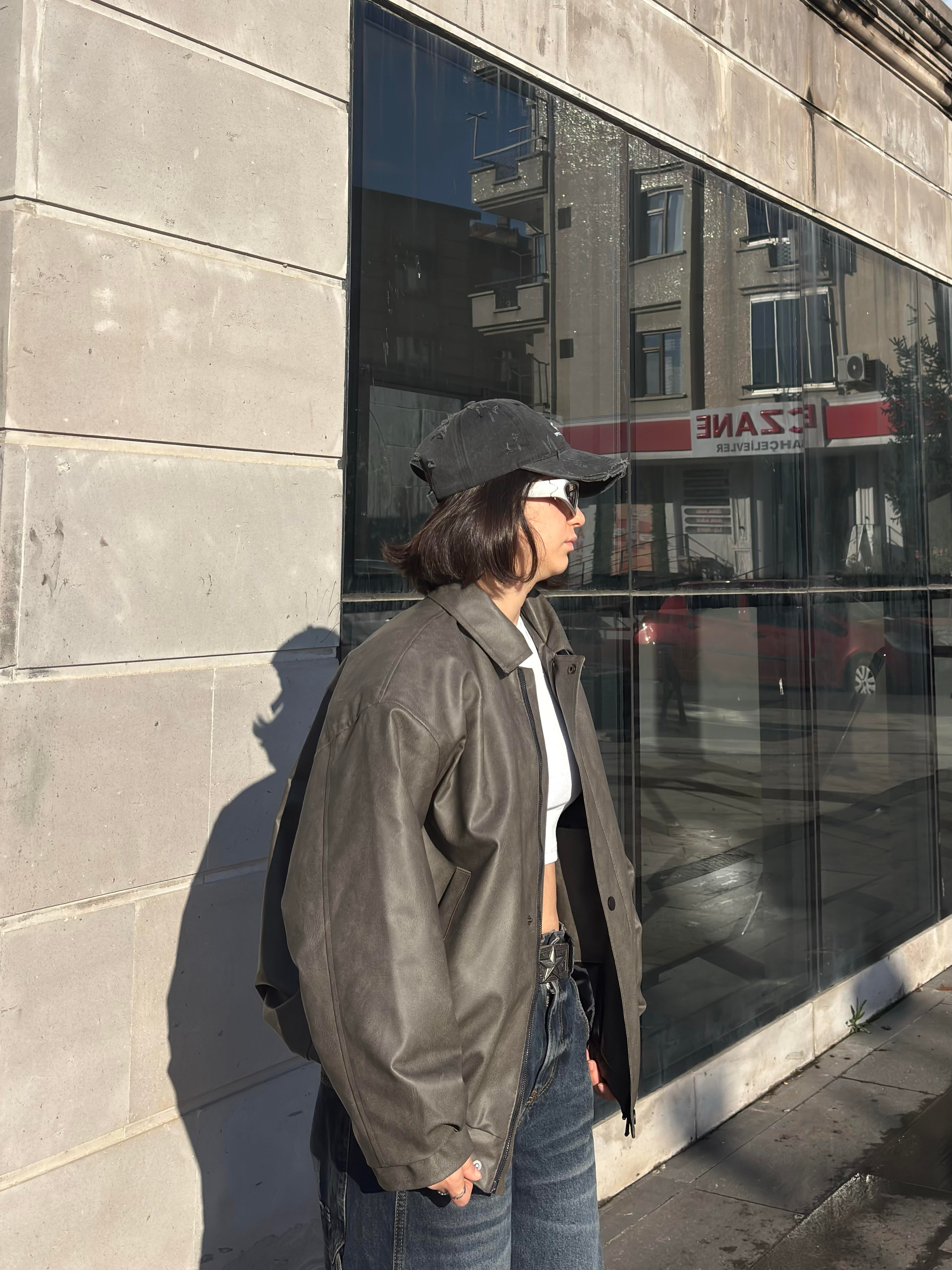 Premium Gravel Bomber Full-Zip Deri Ceket