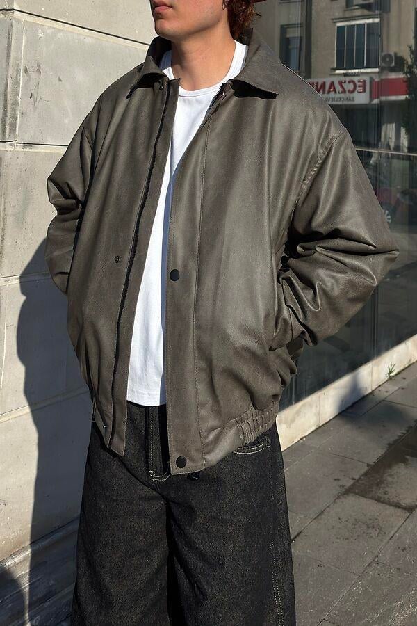 Premium Gravel Bomber Full-Zip Deri Ceket
