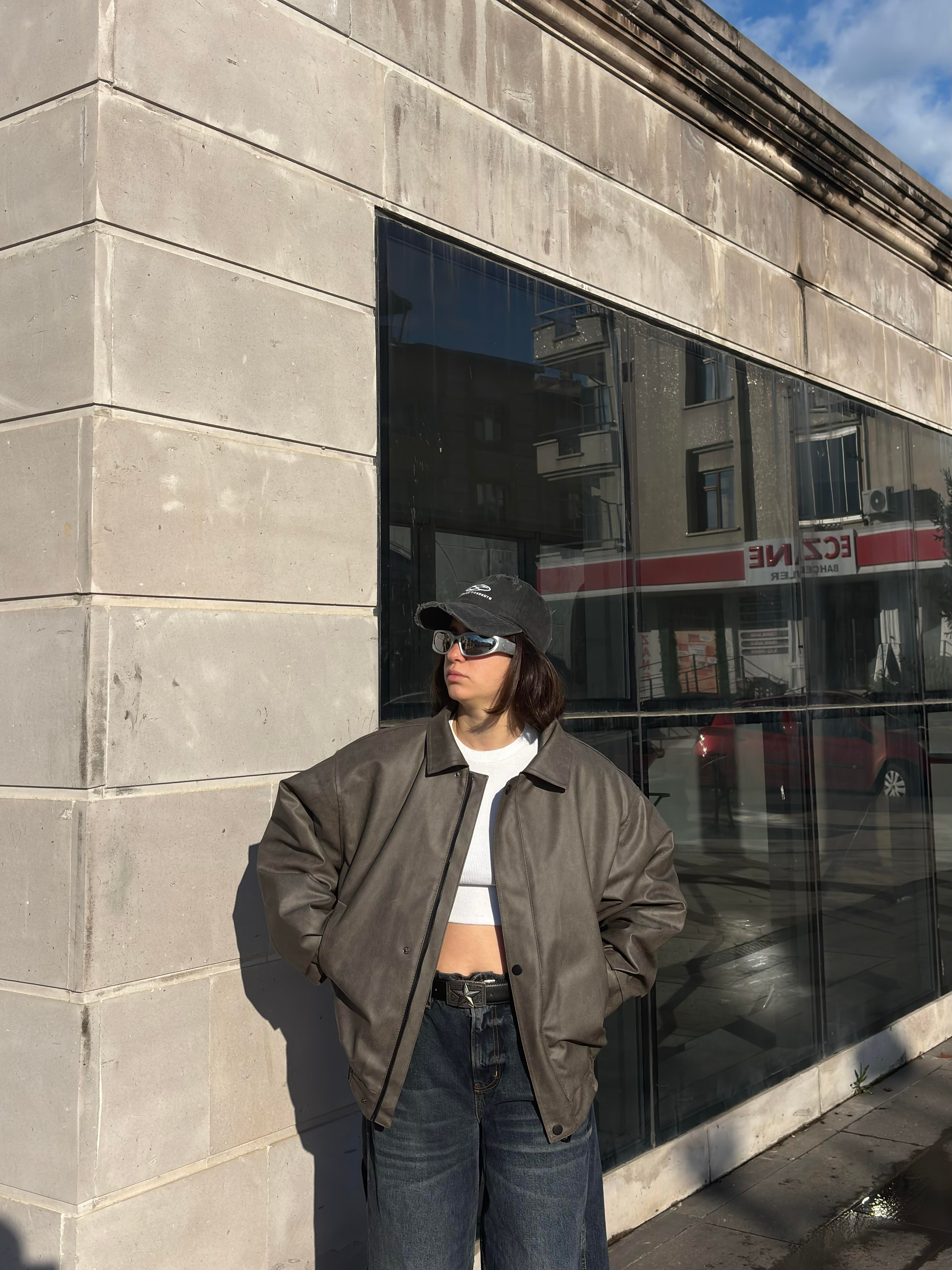 Premium Gravel Bomber Full-Zip Deri Ceket