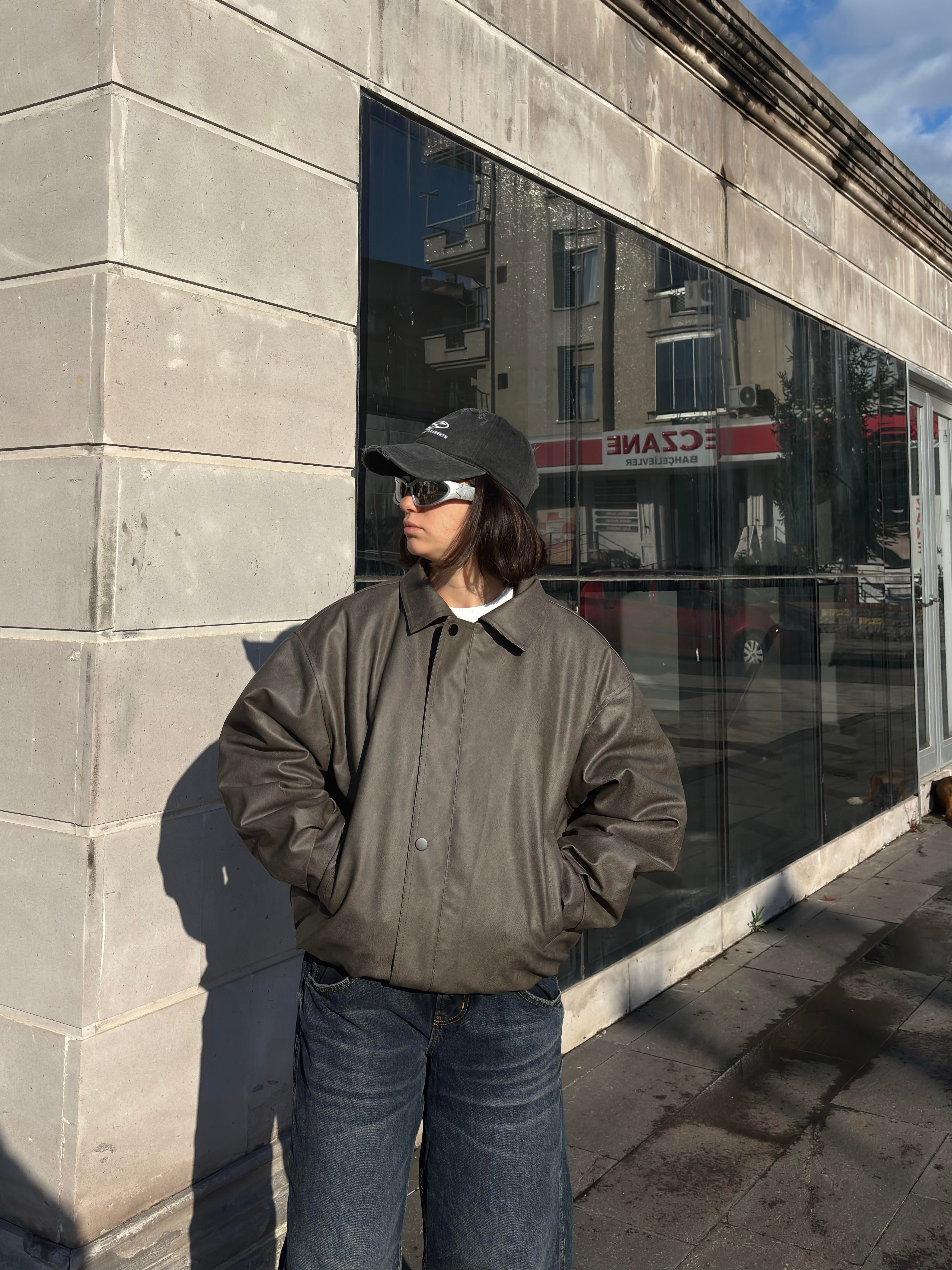 Premium Gravel Bomber Full-Zip Deri Ceket