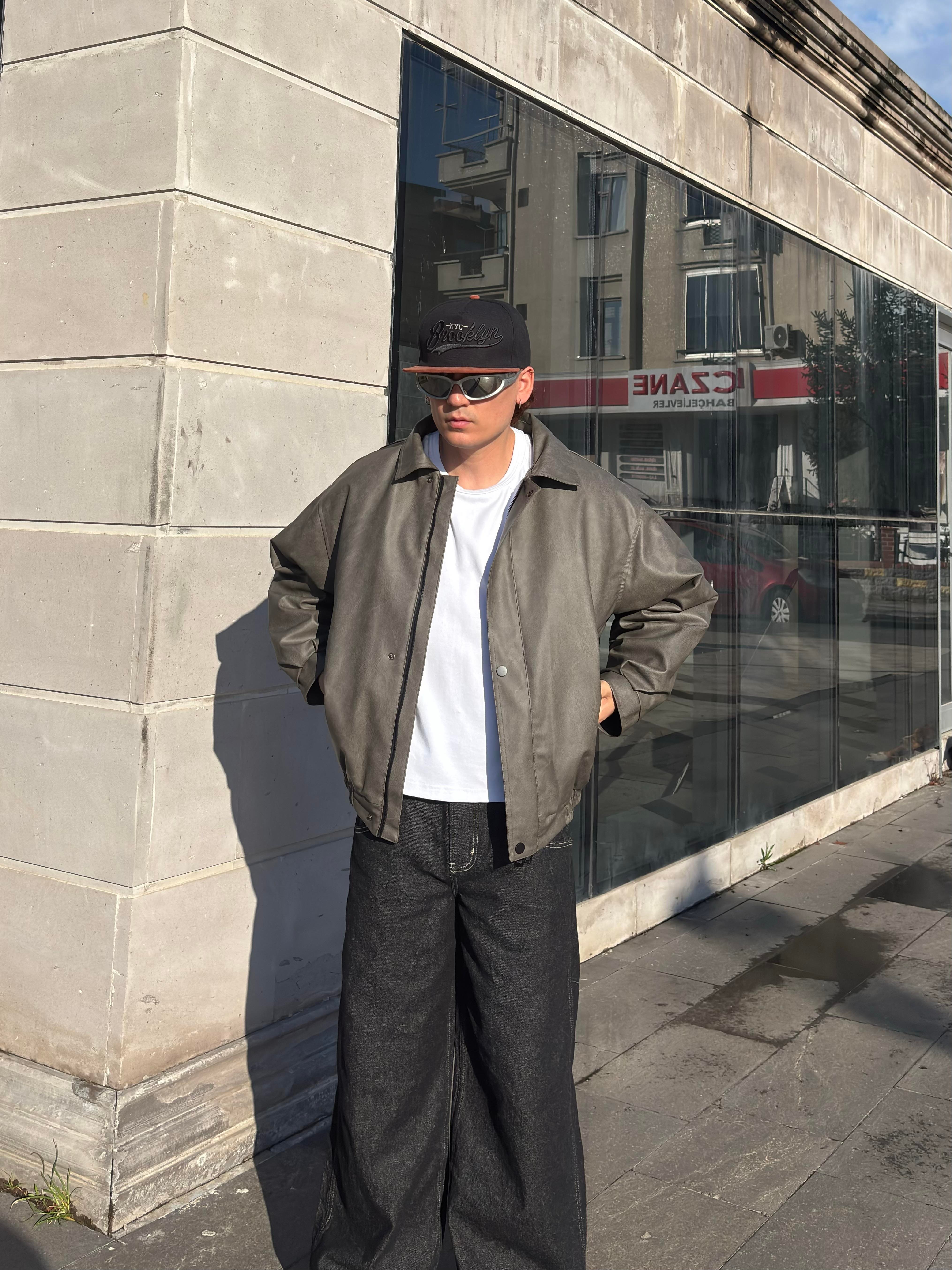 Premium Gravel Bomber Full-Zip Deri Ceket